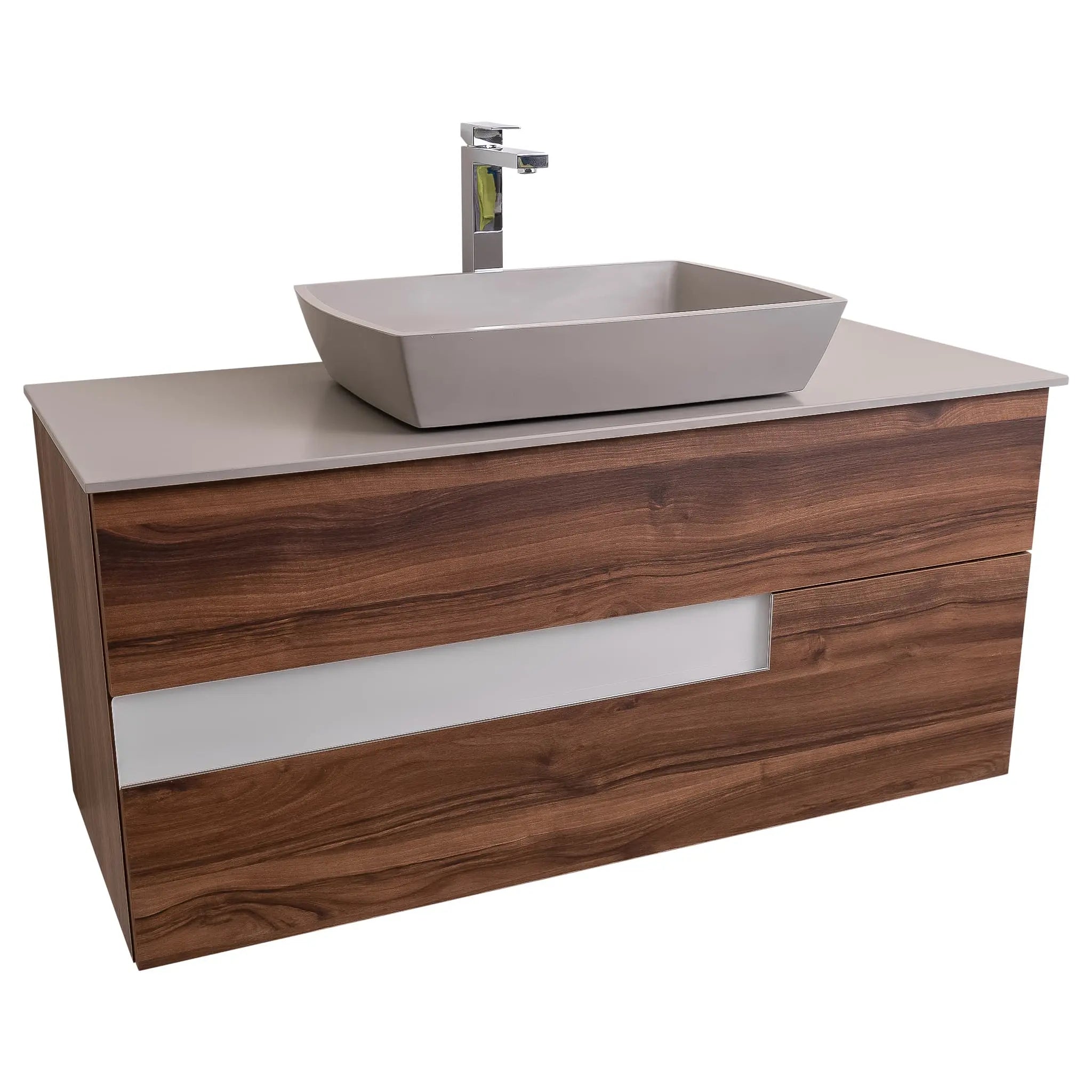 Vision 47.5 Valenti Medium Brown Wood, Solid Surface Flat Grey Counter And Square Solid Surface Grey Basin 1316, Wall Mounted Modern Vanity Set