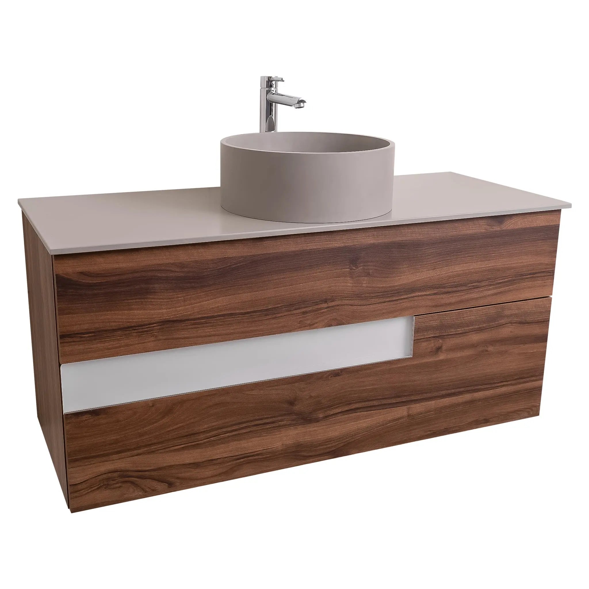 Vision 47.5 Valenti Medium Brown Wood Cabinet, Solid Surface Flat Grey Counter And Round Solid Surface Grey Basin 1386, Wall Mounted Modern Vanity Set
