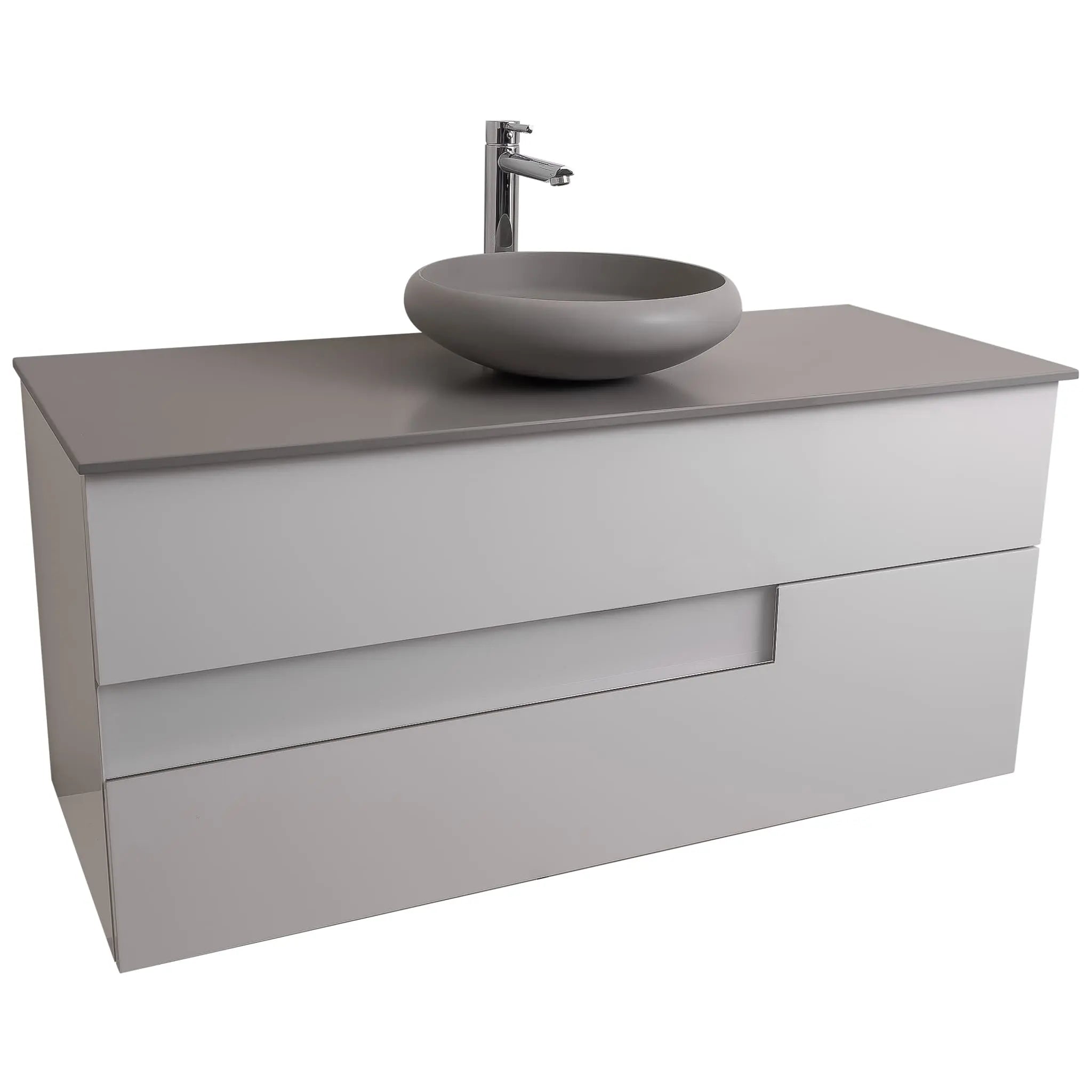 Vision 47.5 White High Gloss Cabinet, Solid Surface Flat Grey Counter And Round Solid Surface Grey Basin 1153, Wall Mounted Modern Vanity Set