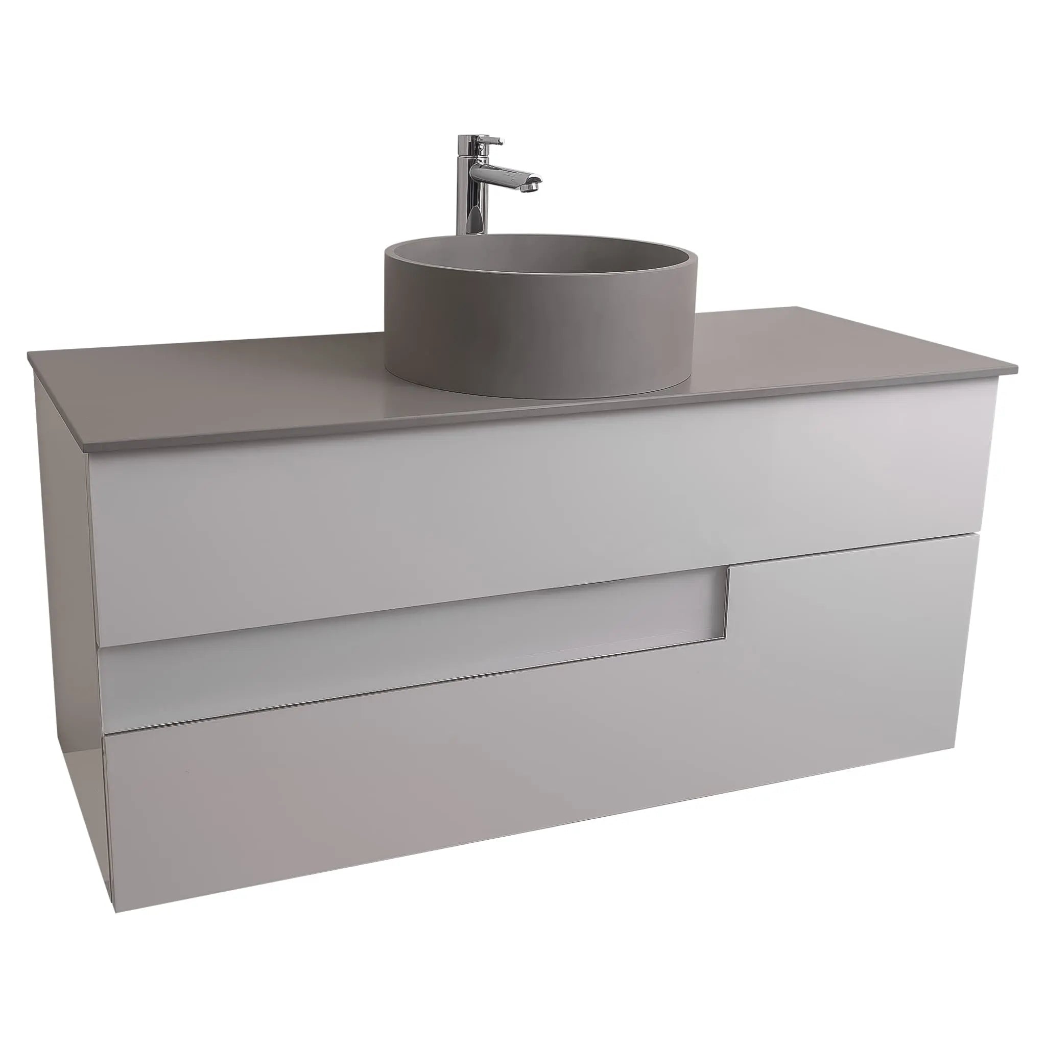Vision 47.5 White High Gloss Cabinet, Solid Surface Flat Grey Counter And Round Solid Surface Grey Basin 1386, Wall Mounted Modern Vanity Set