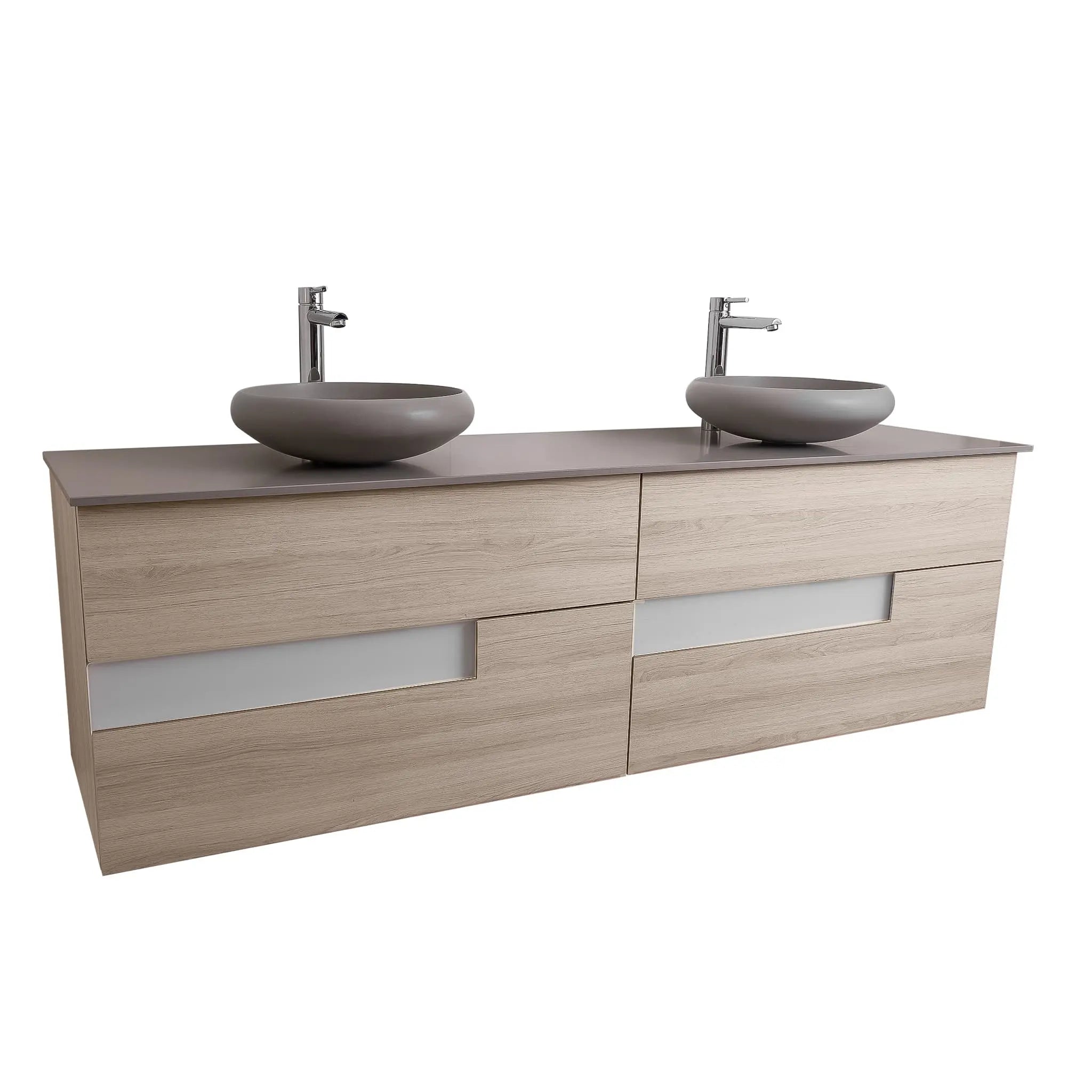 Vision 63 Natural Light Wood, Solid Surface Flat Grey Counter And Two Round Solid Surface Grey Basin 1153, Wall Mounted Modern Vanity Set