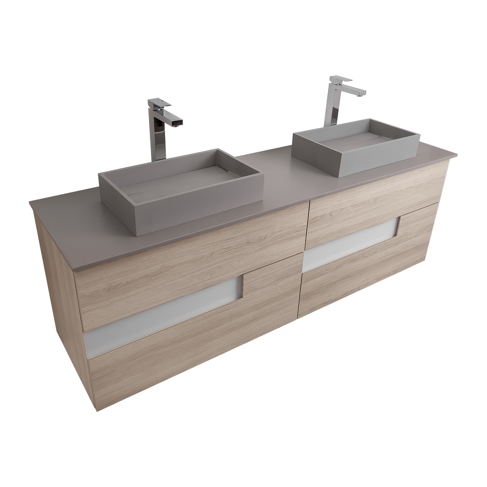 Vision 63 Natural Light Wood Cabinet, Solid Surface Flat Grey Counter And Two Infinity Square Solid Surface Grey Basin 1329, Wall Mounted Modern Vanity Set