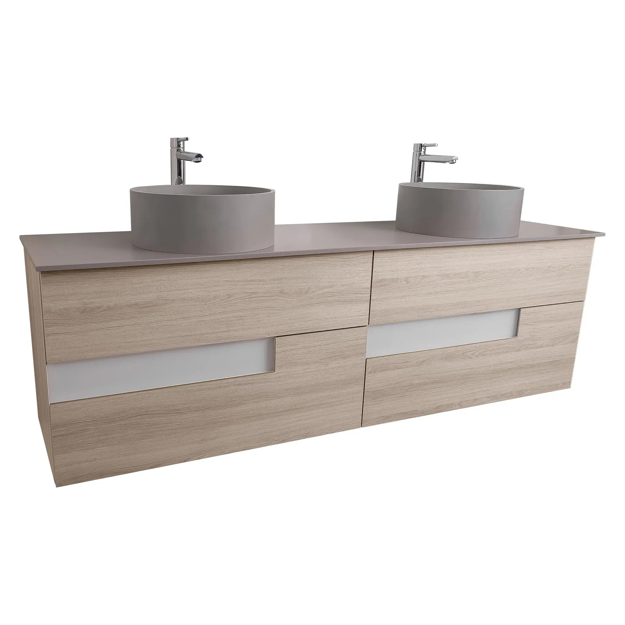 Vision 63 Natural Light Wood Cabinet, Solid Surface Flat Grey Counter And Two Round Solid Surface Grey Basin 1386, Wall Mounted Modern Vanity Set