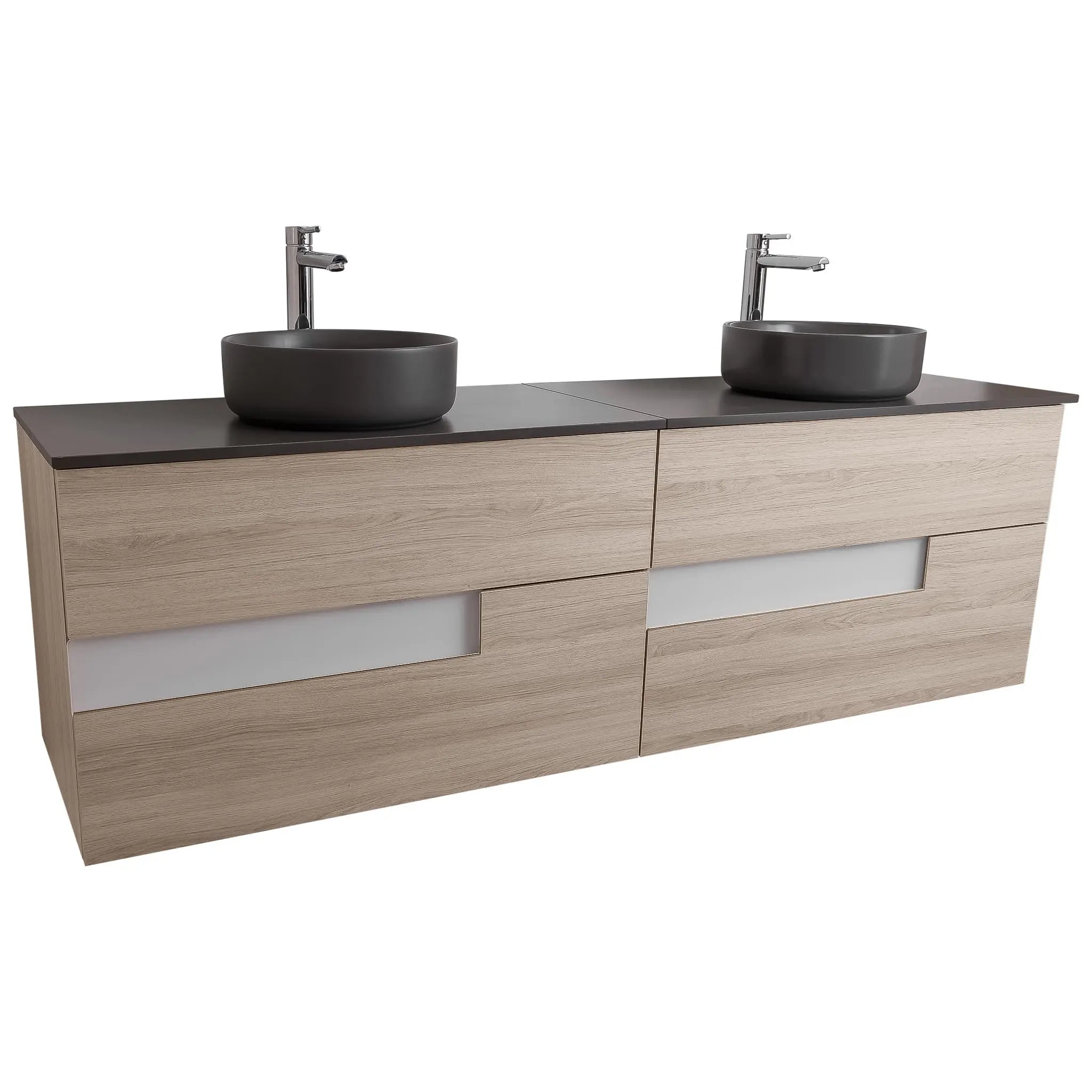 Vision 63 Natural Light Wood Cabinet, Ares Grey Ceniza Top And Two Ares Grey Ceniza Ceramic Basin, Wall Mounted Modern Vanity Set