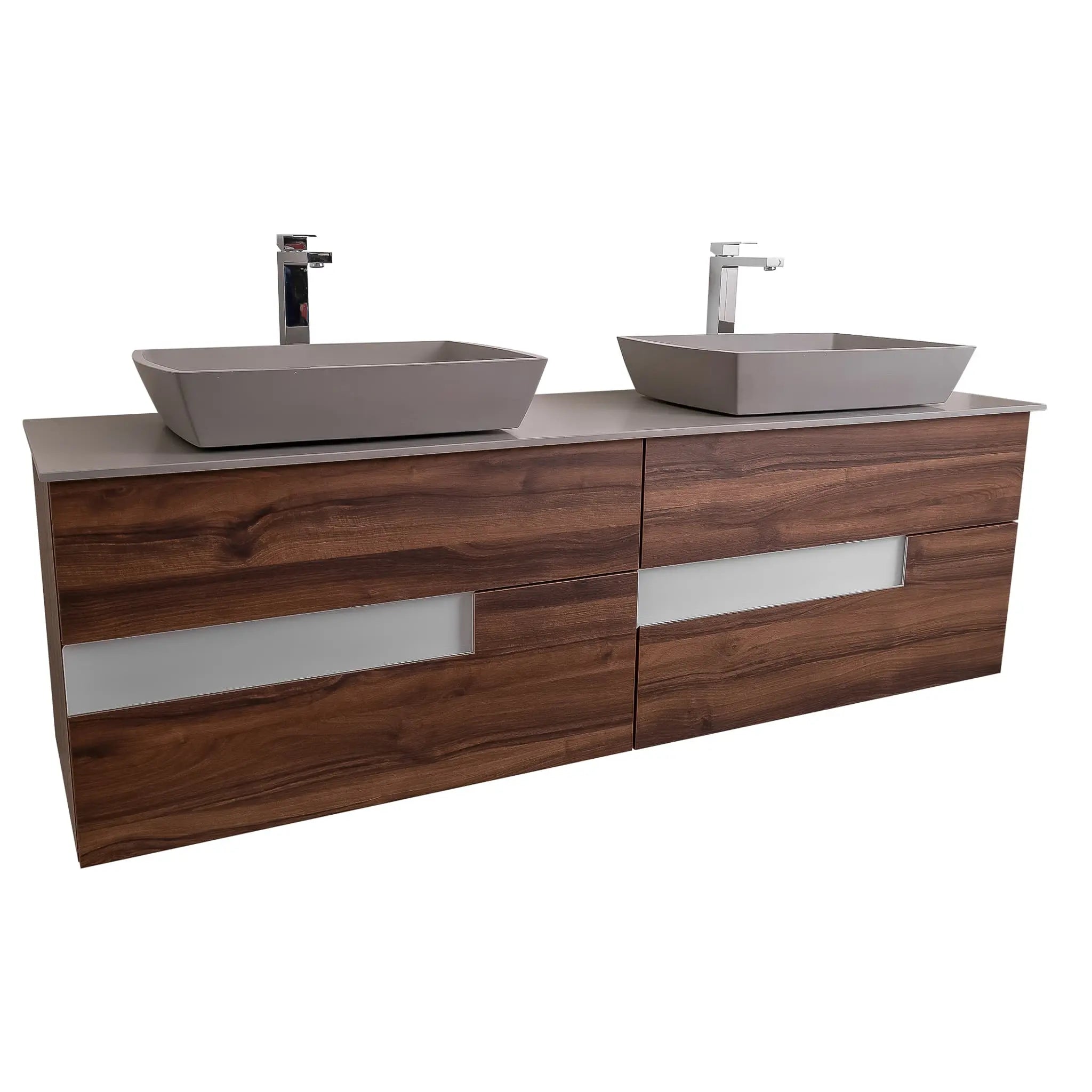 Vision 63 Valenti Medium Brown Wood, Solid Surface Flat Grey Counter And Two Square Solid Surface Grey Basin 1316, Wall Mounted Modern Vanity Set