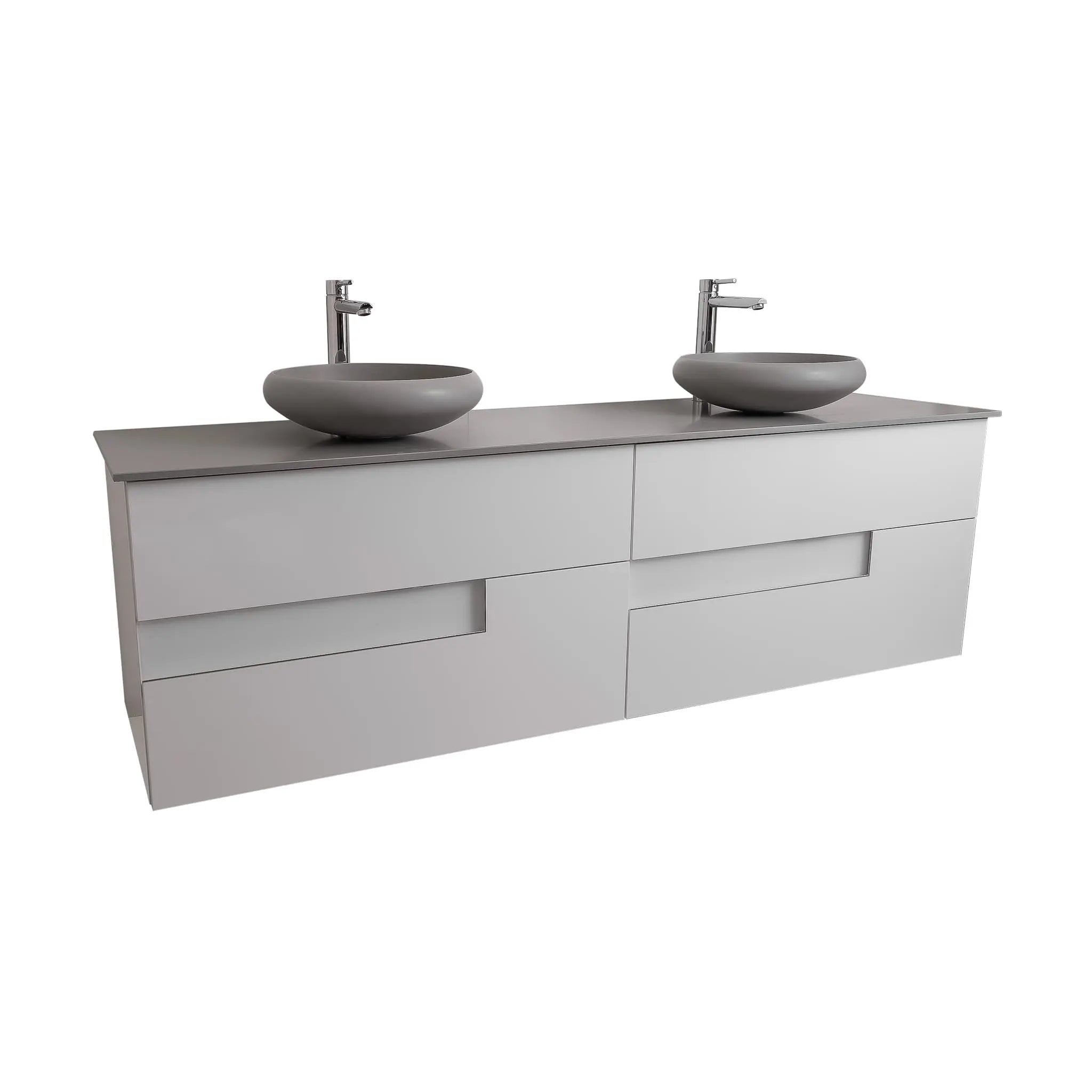 Vision 63 White High Gloss Cabinet, Solid Surface Flat Grey Counter And Two Round Solid Surface Grey Basin 1153, Wall Mounted Modern Vanity Set
