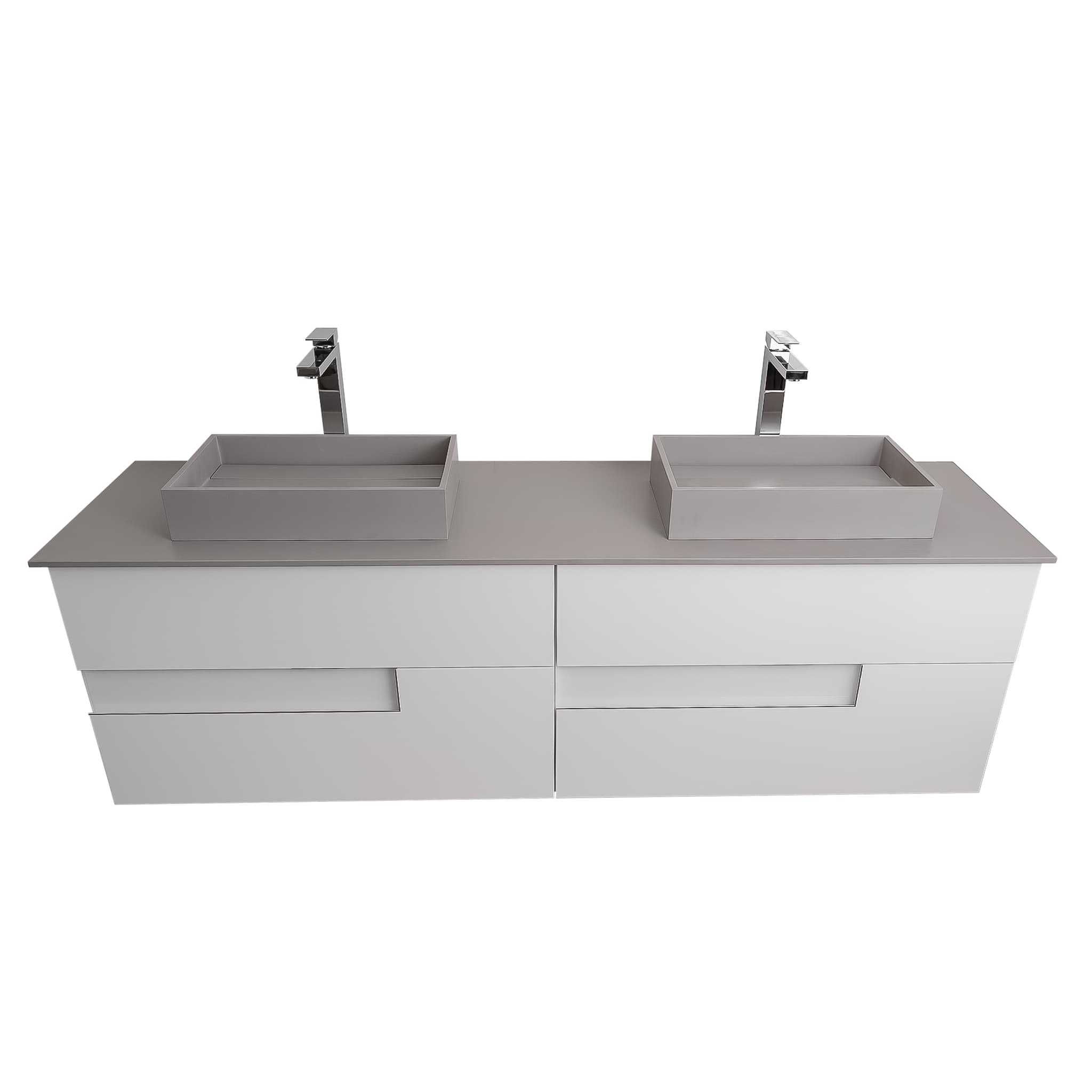 Vision 63 White High Gloss Cabinet, Solid Surface Flat Grey Counter And Two Infinity Square Solid Surface Grey Basin 1329, Wall Mounted Modern Vanity Set