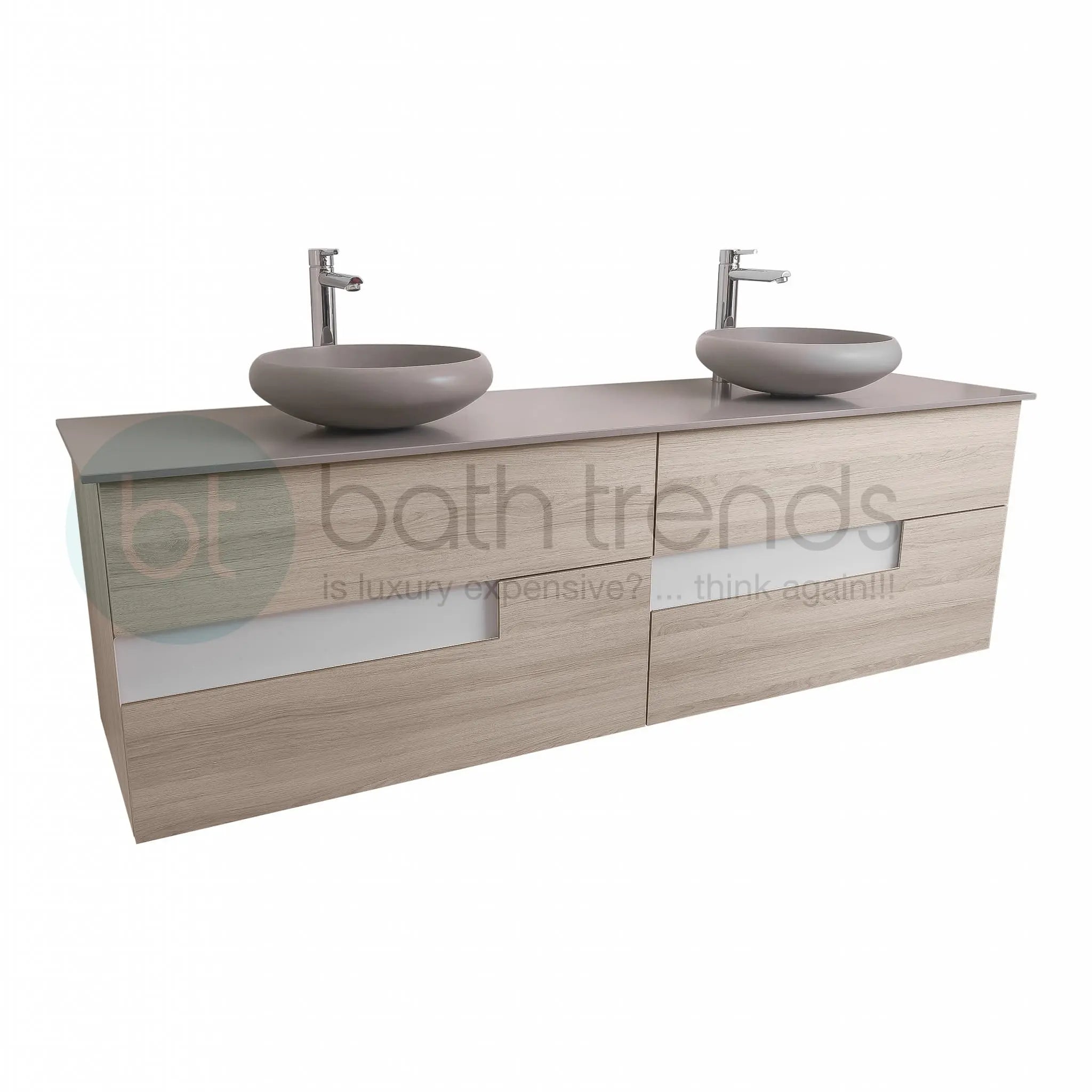 Vision 72 Natural Light Wood, Solid Surface Flat Grey Counter And Two Round Solid Surface Grey Basin 1153, Wall Mounted Modern Vanity Set