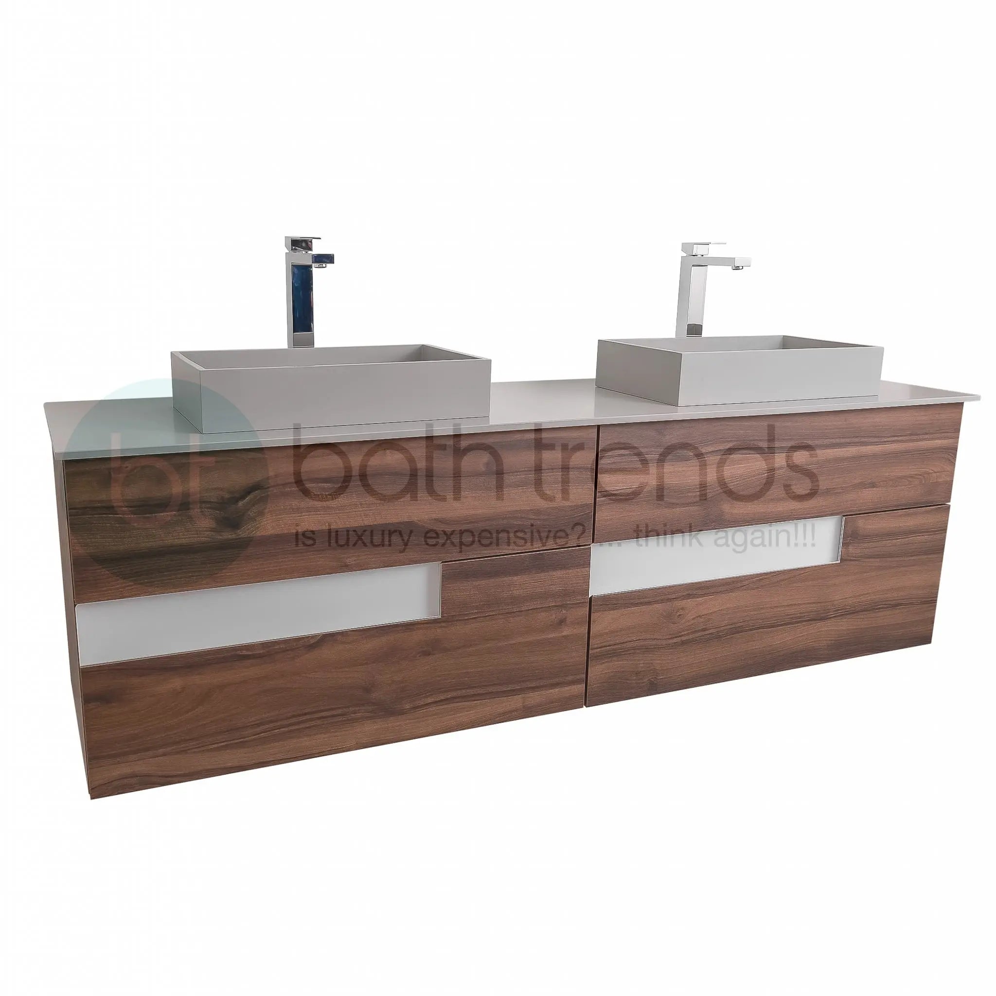 Vision 72 Valenti Medium Brown Wood Cabinet, Solid Surface Flat Grey Counter And Two Infinity Square Solid Surface Grey Basin 1329, Wall Mounted Modern Vanity Set