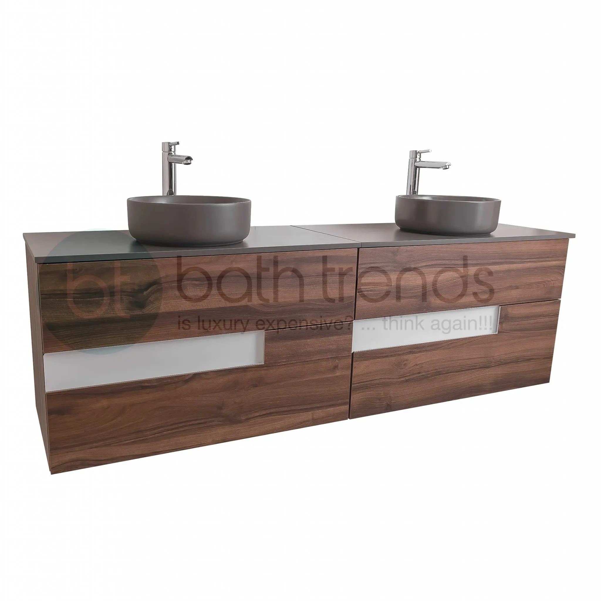 Vision 72 Valenti Medium Brown Wood Cabinet, Ares Grey Ceniza Top And Two Ares Grey Ceniza Ceramic Basin, Wall Mounted Modern Vanity Set