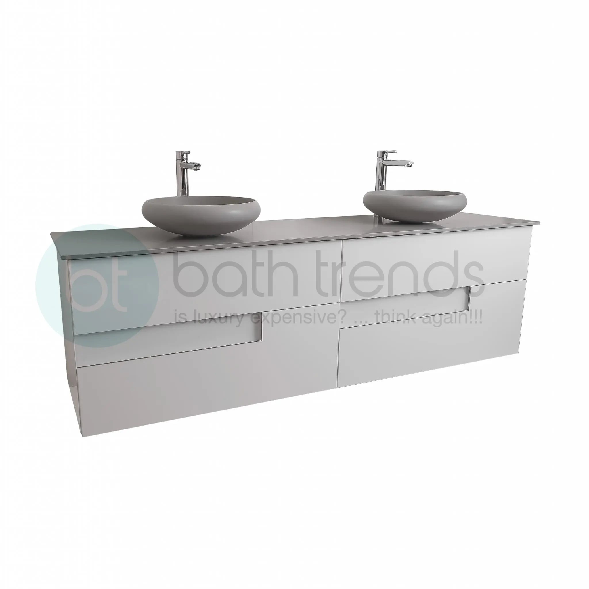 Vision 72 White High Gloss Cabinet, Solid Surface Flat Grey Counter And Two Round Solid Surface Grey Basin 1153, Wall Mounted Modern Vanity Set