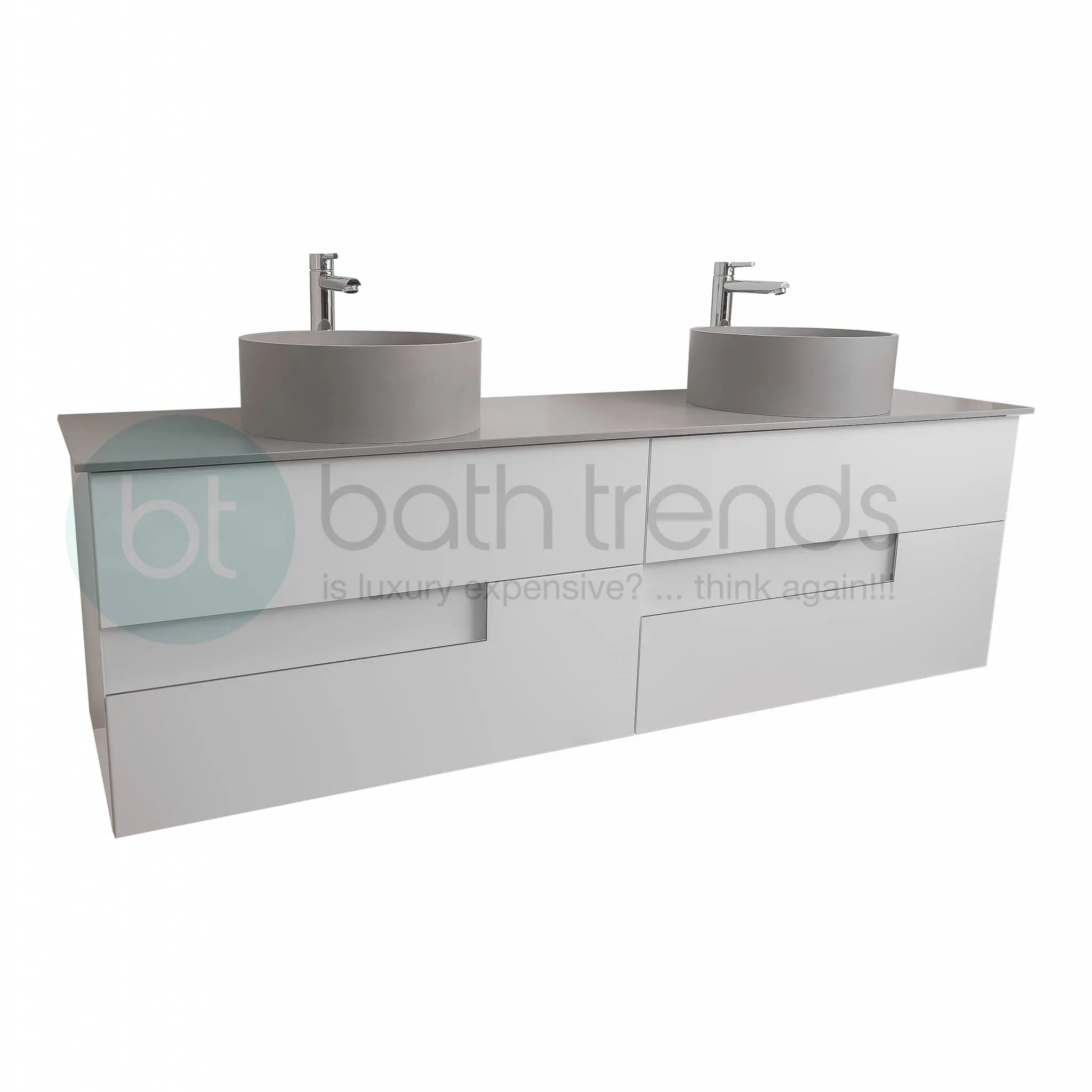 Vision 72 White High Gloss Cabinet, Solid Surface Flat Grey Counter And Two Round Solid Surface Grey Basin 1386, Wall Mounted Modern Vanity Set