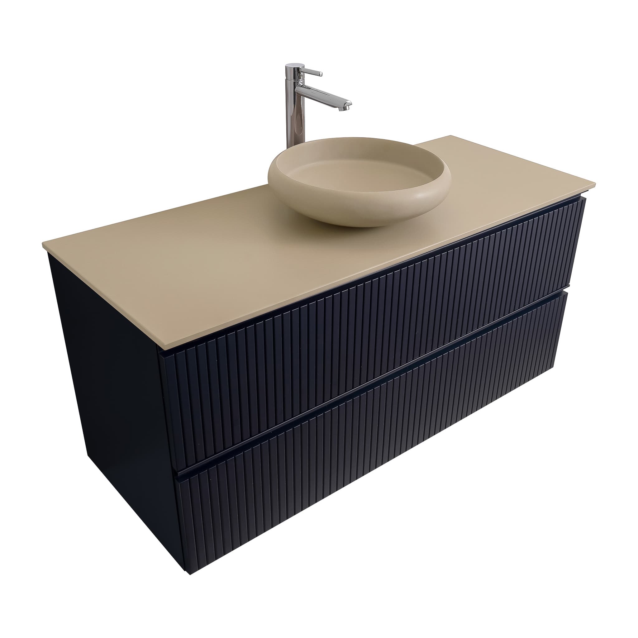 Ares 47.5 Matte Navy Blue Cabinet, Solid Surface Flat Taupe Counter And Round Solid Surface Taupe Basin 1153, Wall Mounted Modern Vanity Set