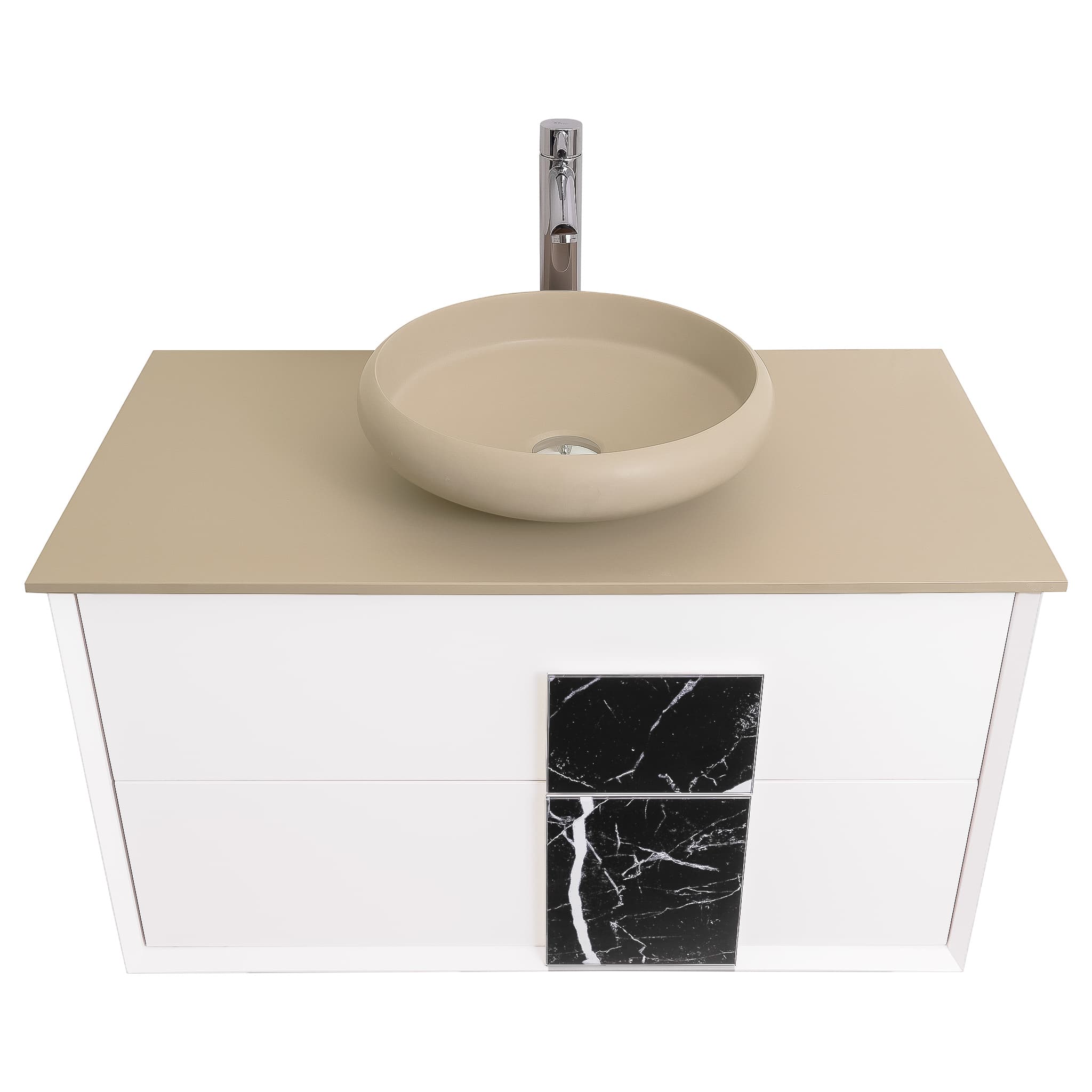 Piazza 31.5 Matte White With Black Marble Handle Cabinet, Solid Surface Flat Taupe Counter and Round Solid Surface Taupe Basin 1153, Wall Mounted Modern Vanity Set