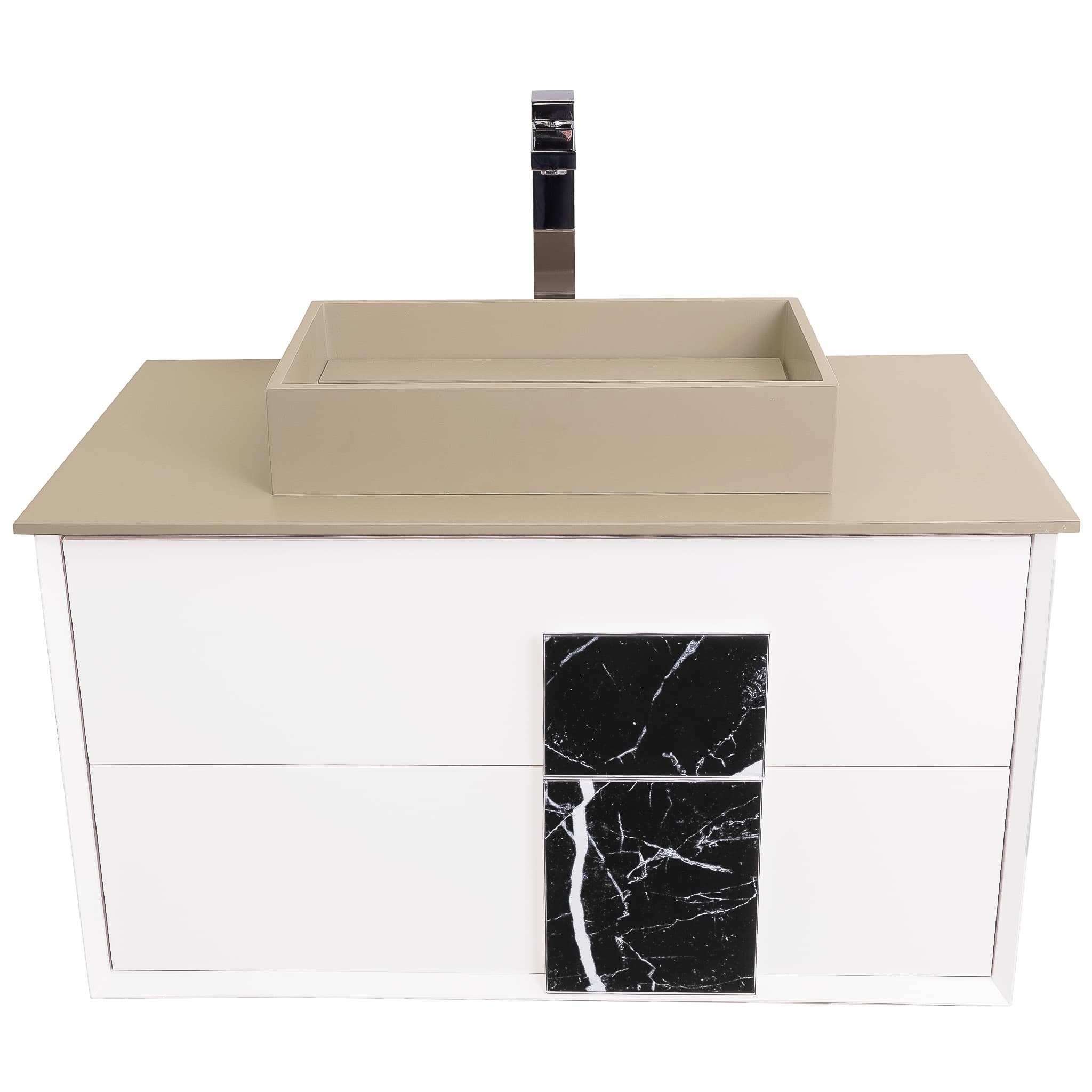 Piazza 31.5 Matte White With Black Marble Handle Cabinet, Solid Surface Flat Taupe Counter and Infinity Square Solid Surface Taupe Basin 1329, Wall Mounted Modern Vanity Set