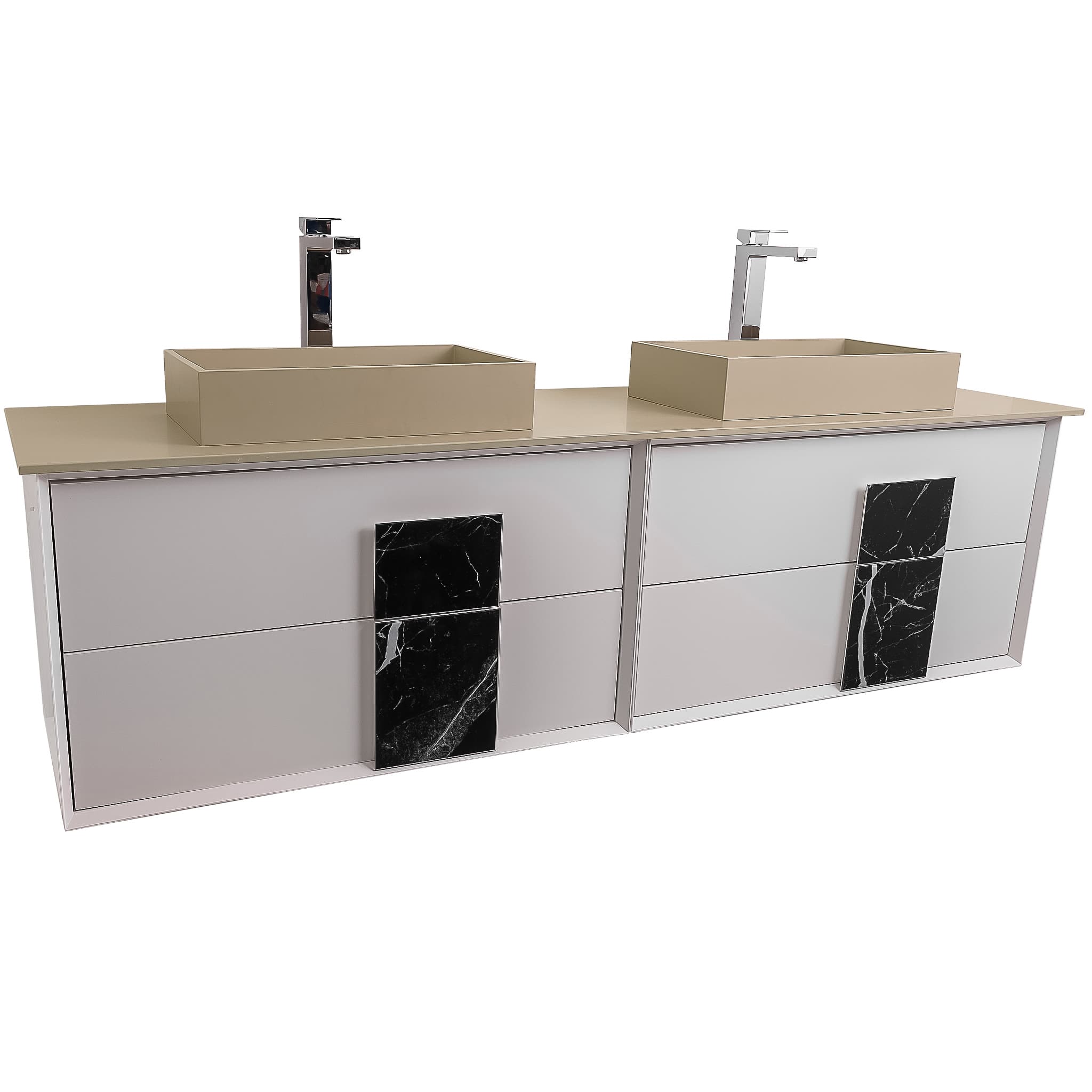 Piazza 63 Matte White With Black Marble Handle Cabinet, Solid Surface Flat Taupe Counter and Two Infinity Square Solid Surface Taupe Basin 1329, Wall Mounted Modern Vanity Set