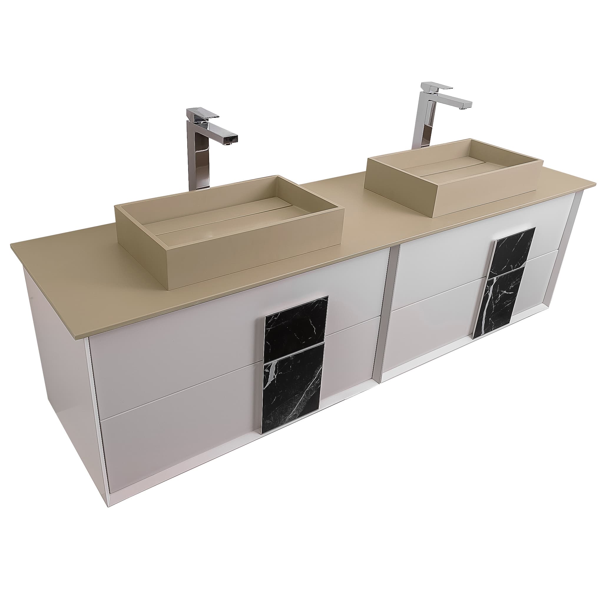 Piazza 63 Matte White With Black Marble Handle Cabinet, Solid Surface Flat Taupe Counter and Two Infinity Square Solid Surface Taupe Basin 1329, Wall Mounted Modern Vanity Set