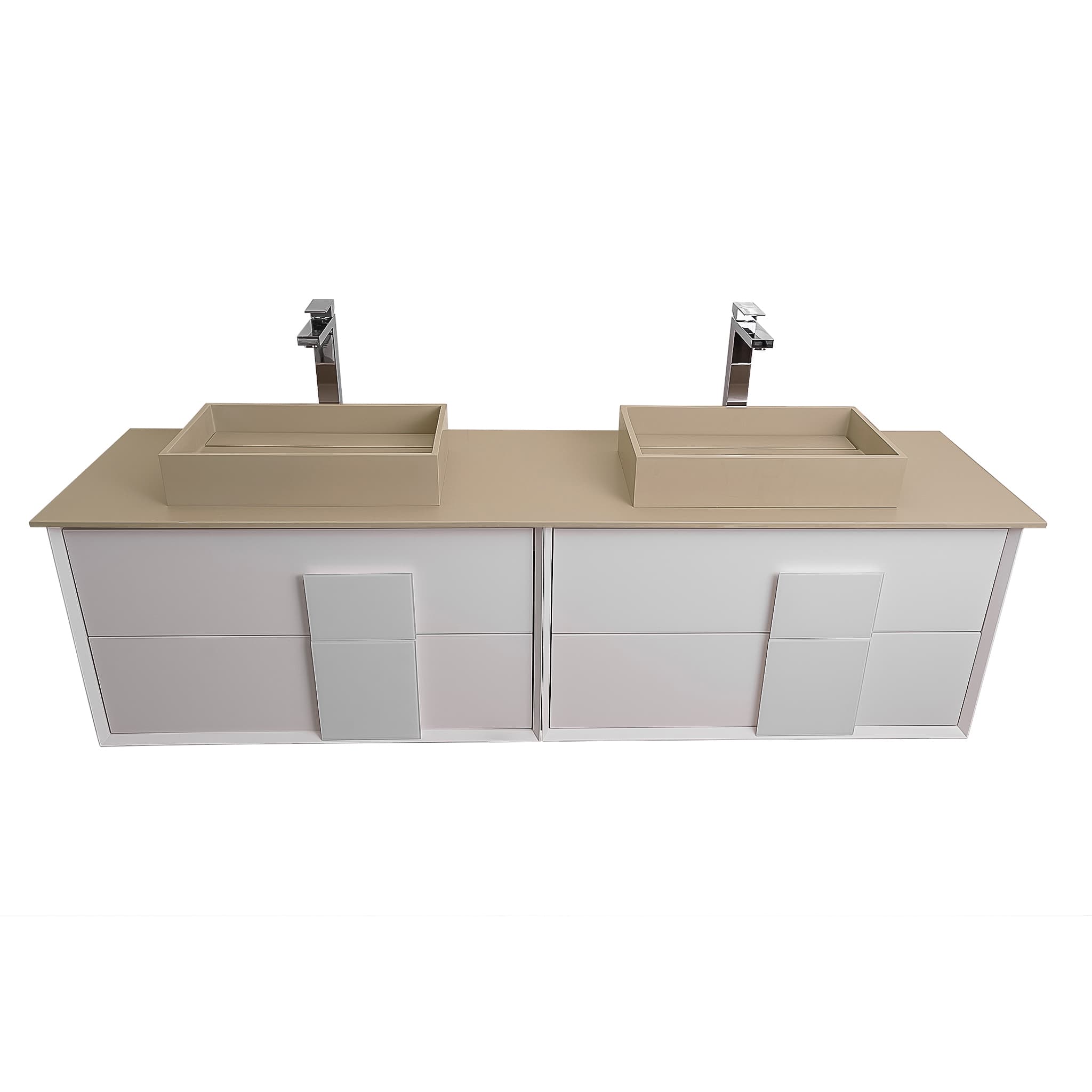 Piazza 63 Matte White With White Handle Cabinet, Solid Surface Flat Taupe Counter and Two Infinity Square Solid Surface Taupe Basin 1329, Wall Mounted Modern Vanity Set