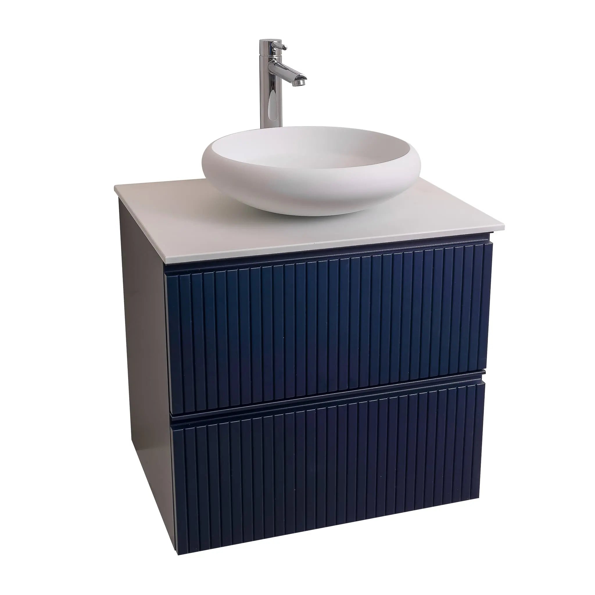 Ares 23.5 Matte Navy Blue Cabinet, Solid Surface Flat White Counter And Round Solid Surface White Basin 1153, Wall Mounted Modern Vanity Set
