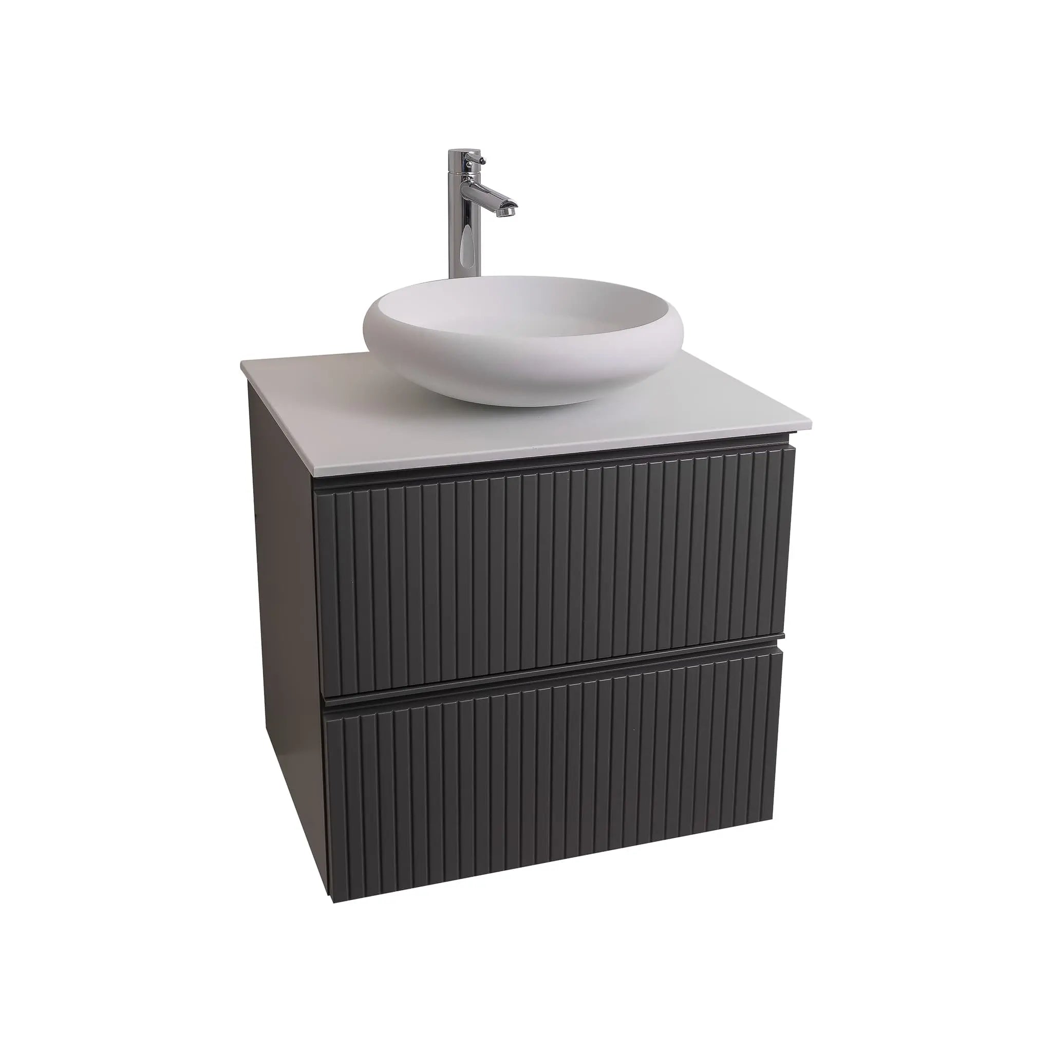 Ares 23.5 Matte Grey Cabinet, Solid Surface Flat White Counter And Round Solid Surface White Basin 1153, Wall Mounted Modern Vanity Set