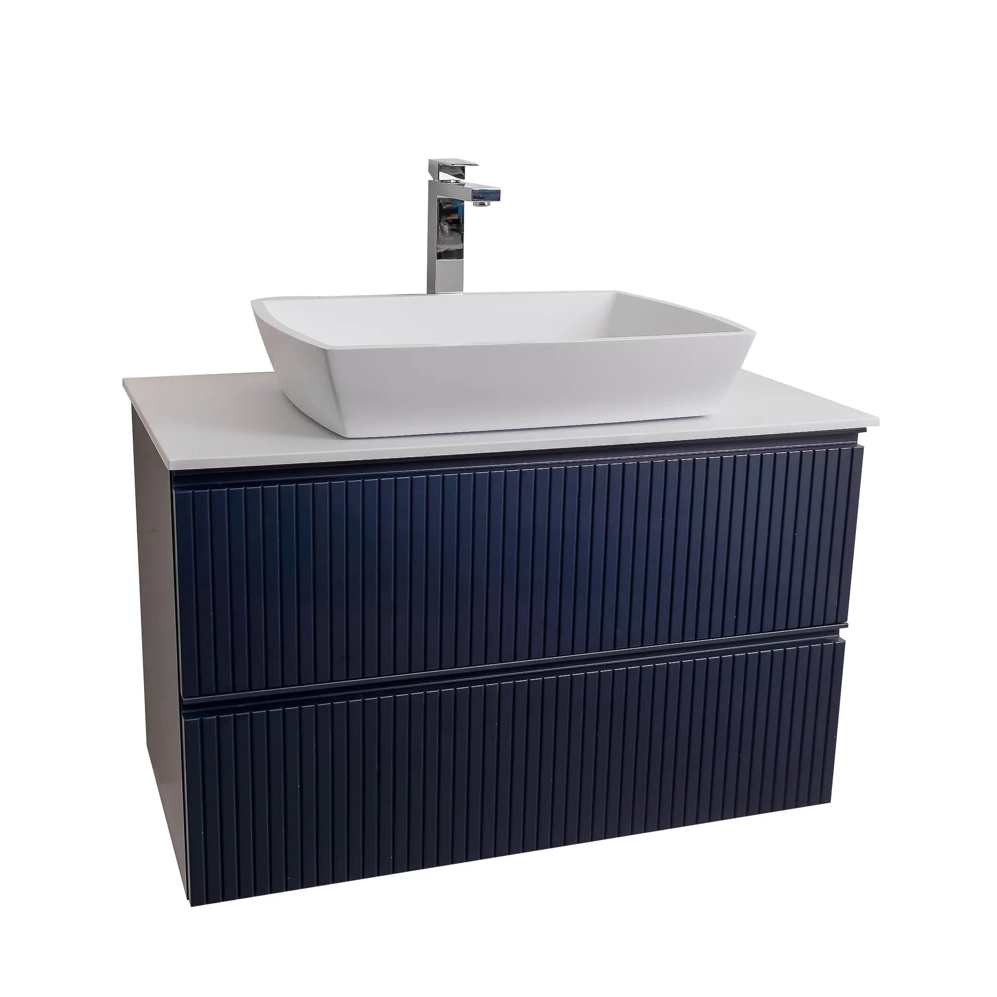 Ares 31.5 Matte Navy Blue Cabinet, Solid Surface Flat White Counter And Square Solid Surface White Basin 1316, Wall Mounted Modern Vanity Set