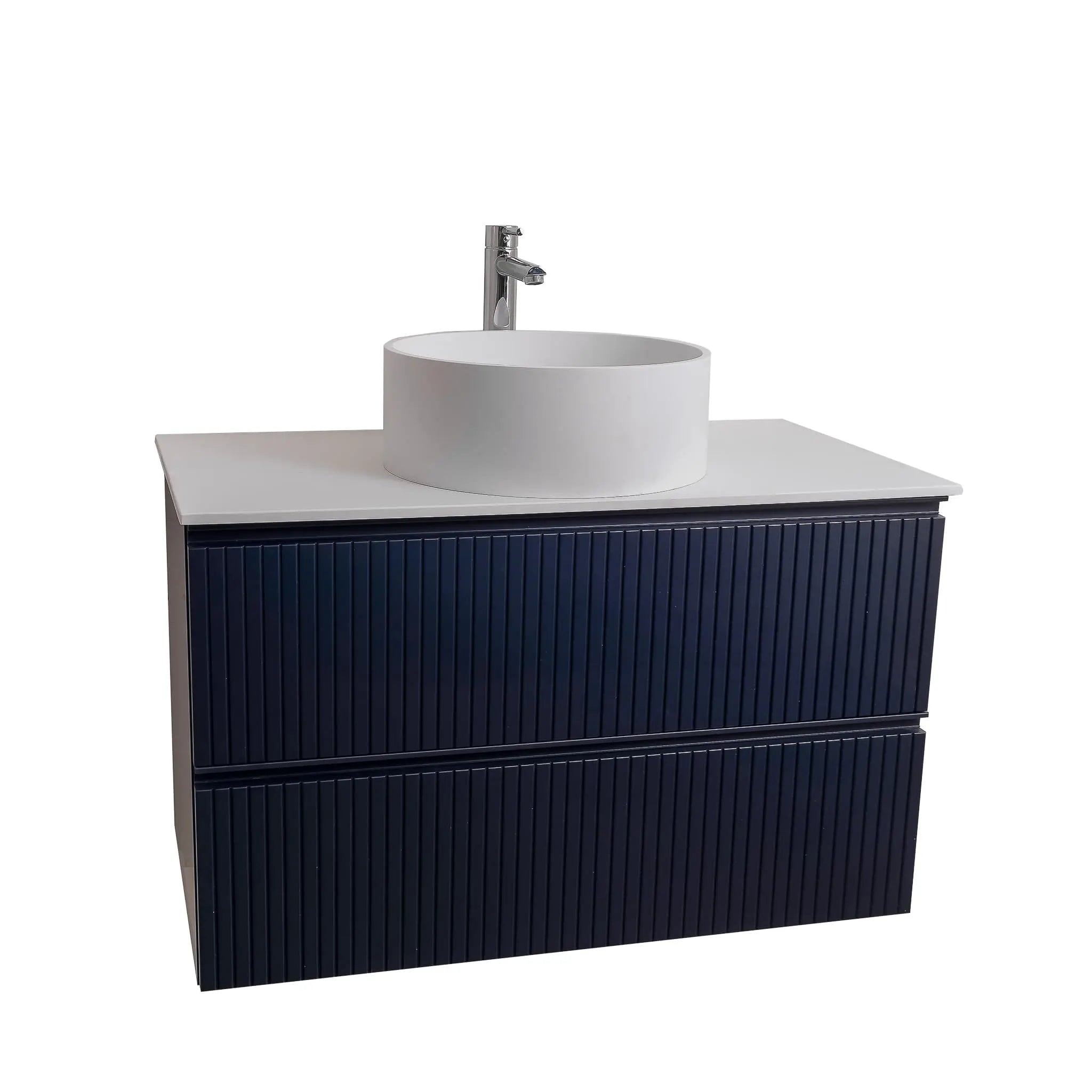 Ares 31.5 Matte Navy Blue Cabinet, Solid Surface Flat White Counter And Round Solid Surface White Basin 1386, Wall Mounted Modern Vanity Set