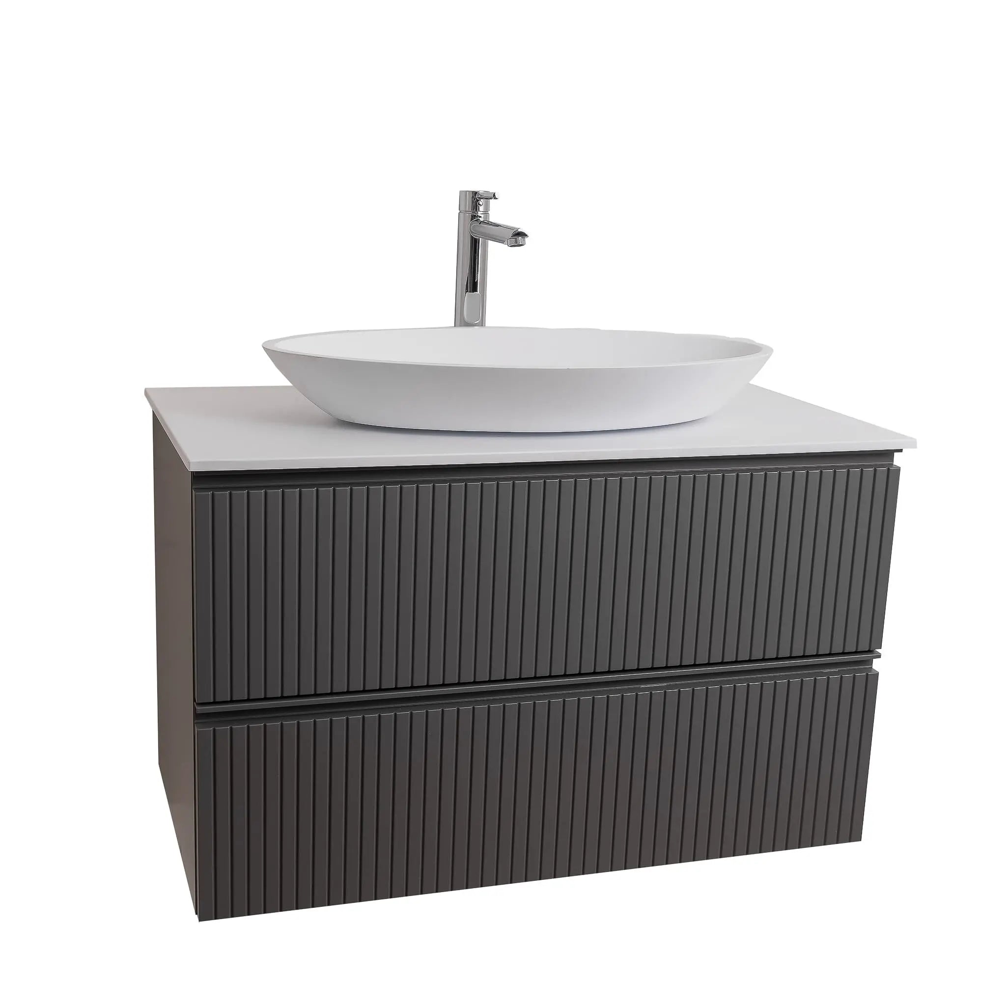 Ares 39.5 Matte Grey Cabinet, Solid Surface Flat White Counter And Oval Solid Surface White Basin 1305, Wall Mounted Modern Vanity Set