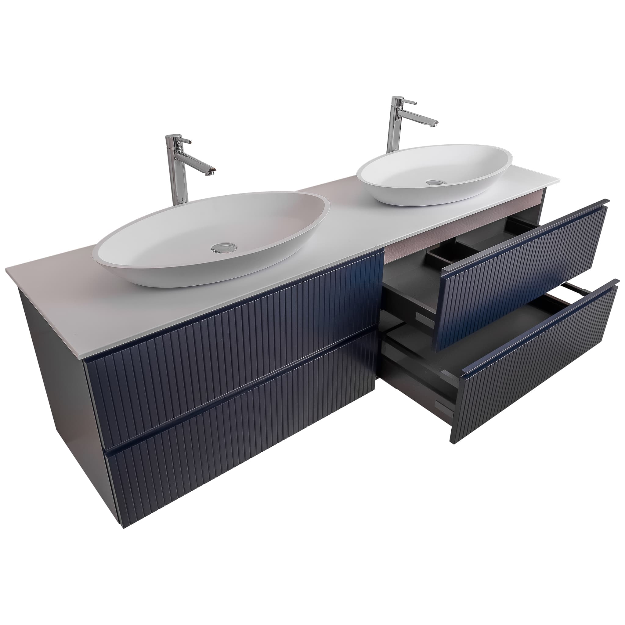 Ares 63 Matte Navy Blue Cabinet, Solid Surface Flat White Counter And Two Oval Solid Surface White Basin 1305, Wall Mounted Modern Vanity Set