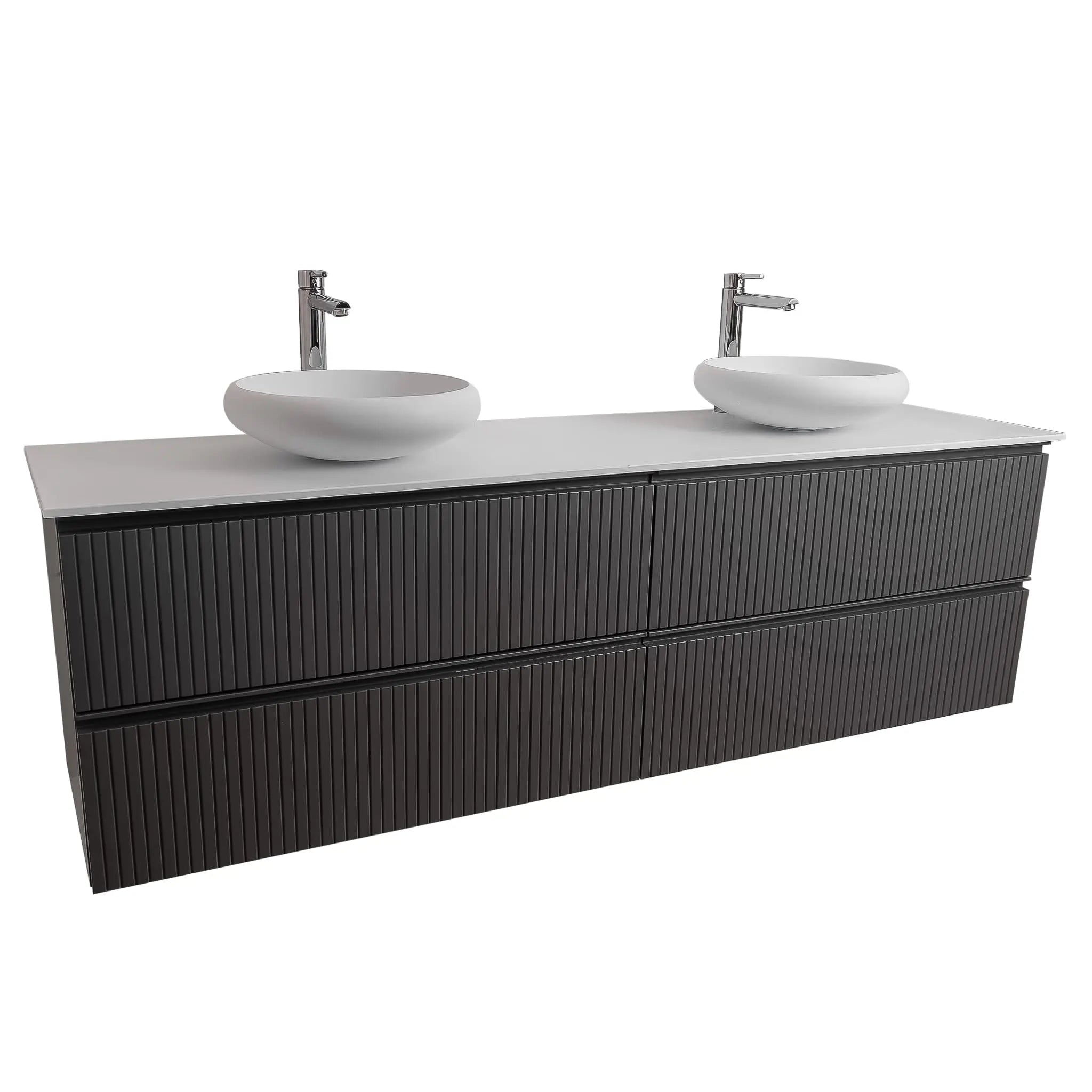 Ares 63 Matte Grey Cabinet, Solid Surface Flat White Counter And Two Round Solid Surface White Basin 1153, Wall Mounted Modern Vanity Set