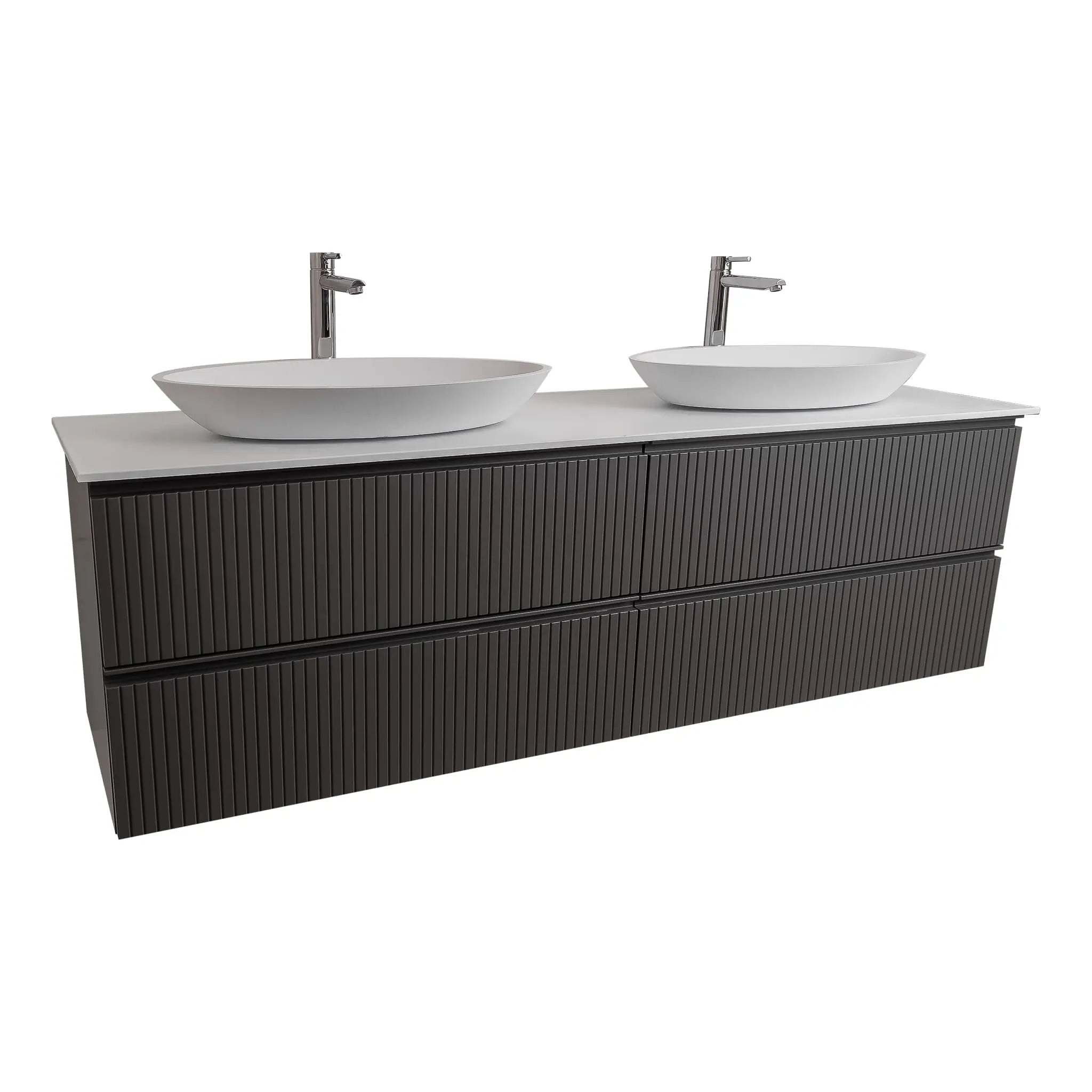 Ares 63 Matte Grey Cabinet, Solid Surface Flat White Counter And Two Oval Solid Surface White Basin 1305, Wall Mounted Modern Vanity Set