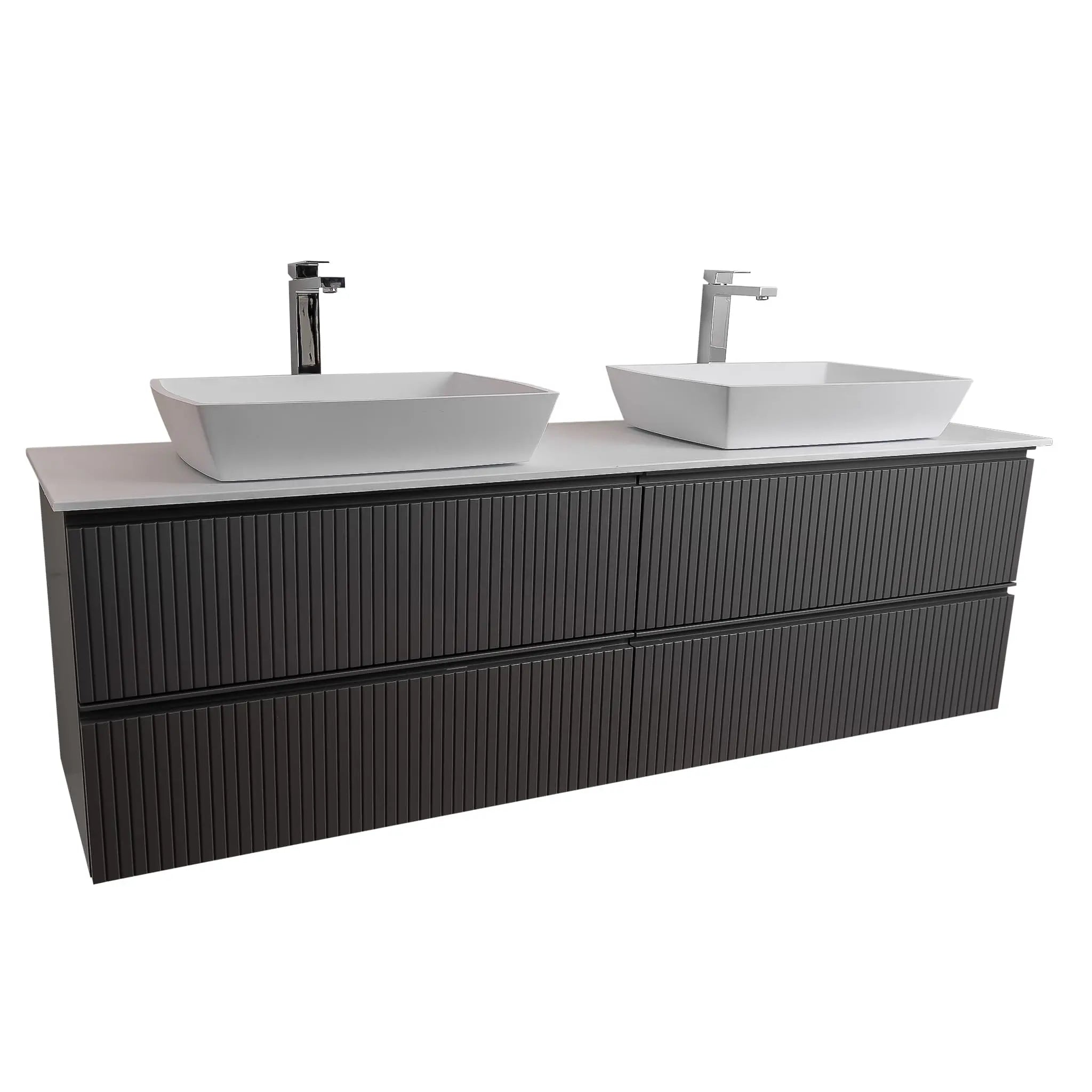 Ares 63 Matte Grey Cabinet, Solid Surface Flat White Counter And Two Square Solid Surface White Basin 1316, Wall Mounted Modern Vanity Set