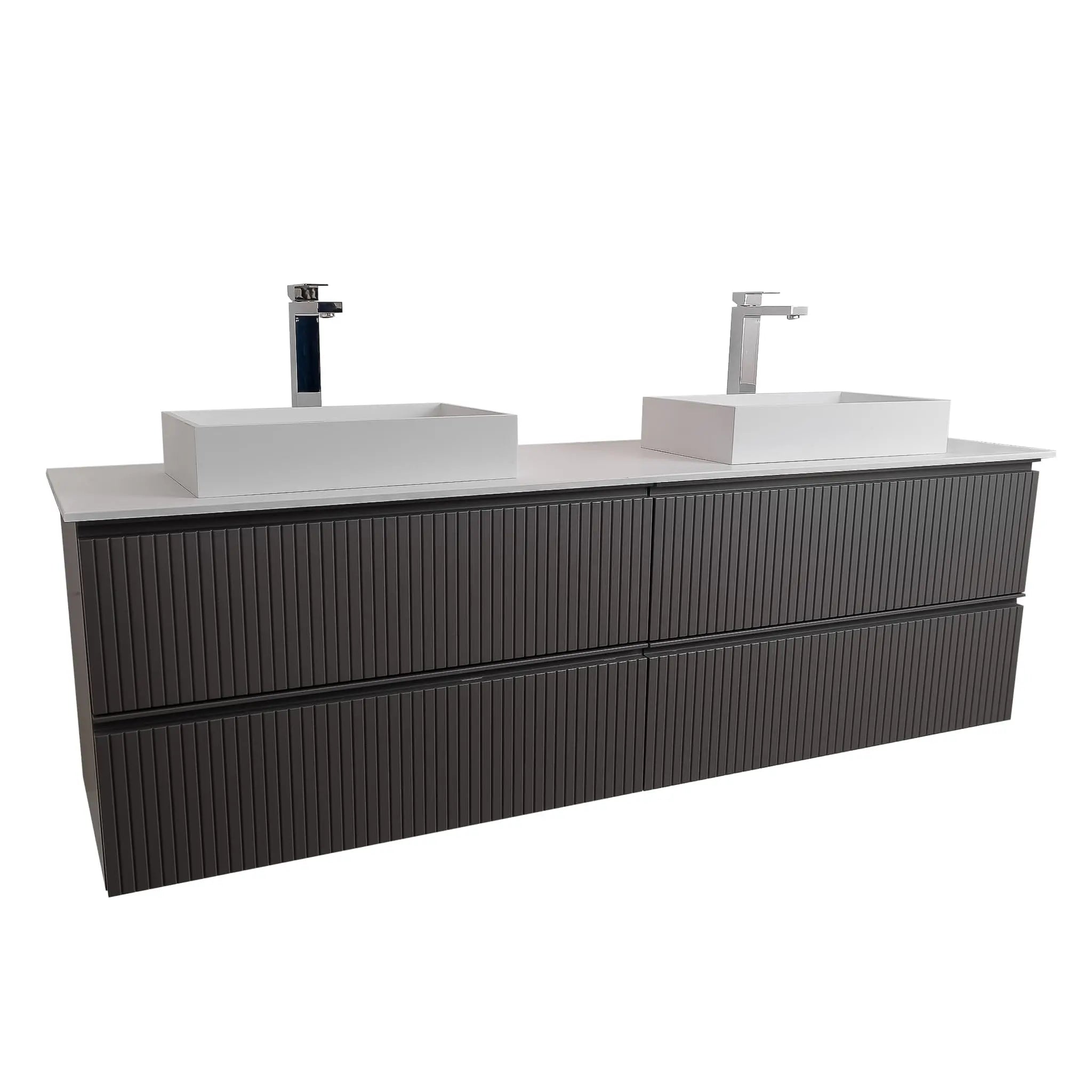Ares 63 Matte Grey Cabinet, Solid Surface Flat White Counter And Two Infinity Square Solid Surface White Basin 1329, Wall Mounted Modern Vanity Set