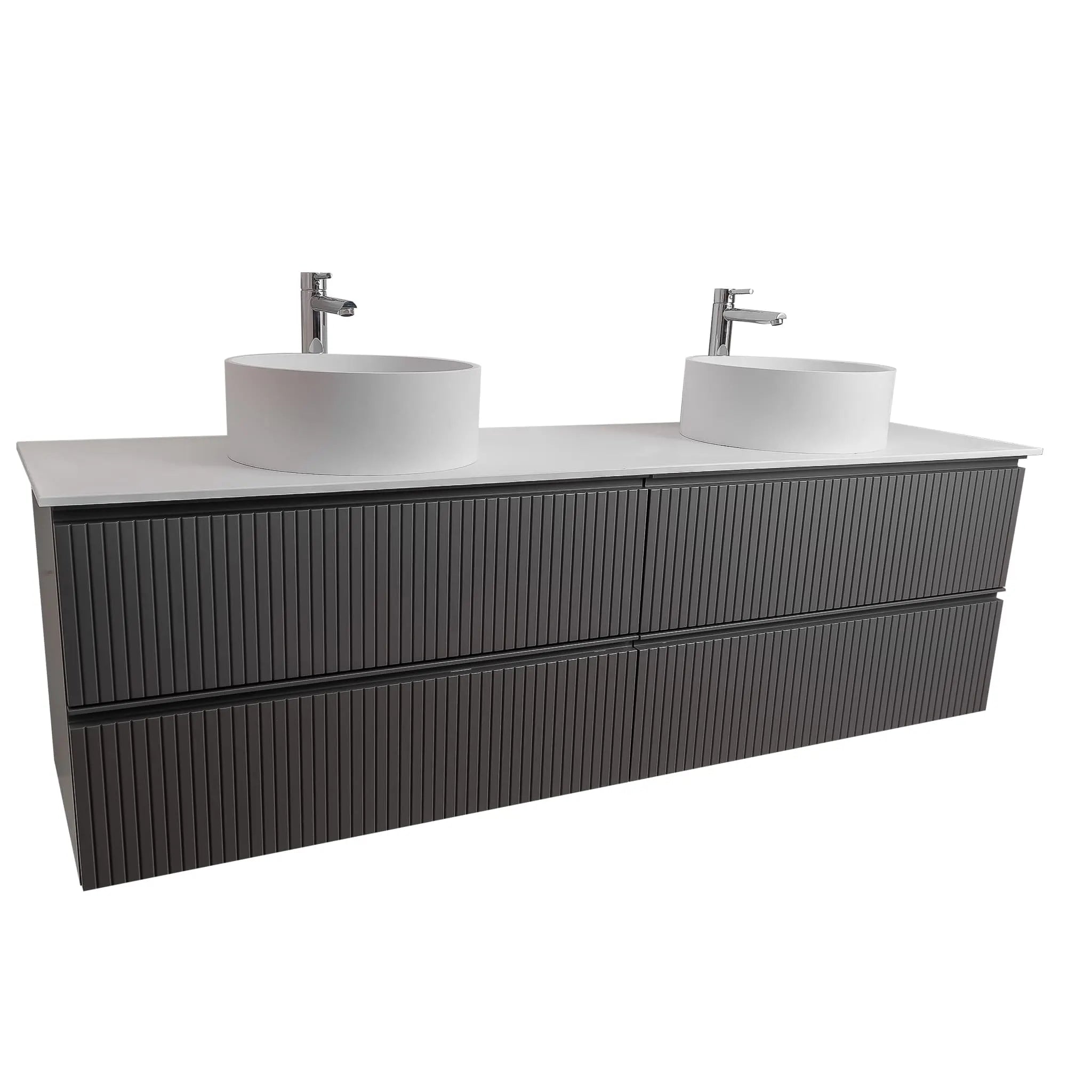 Ares 63 Matte Grey Cabinet, Solid Surface Flat White Counter And Two Round Solid Surface White Basin 1386, Wall Mounted Modern Vanity Set