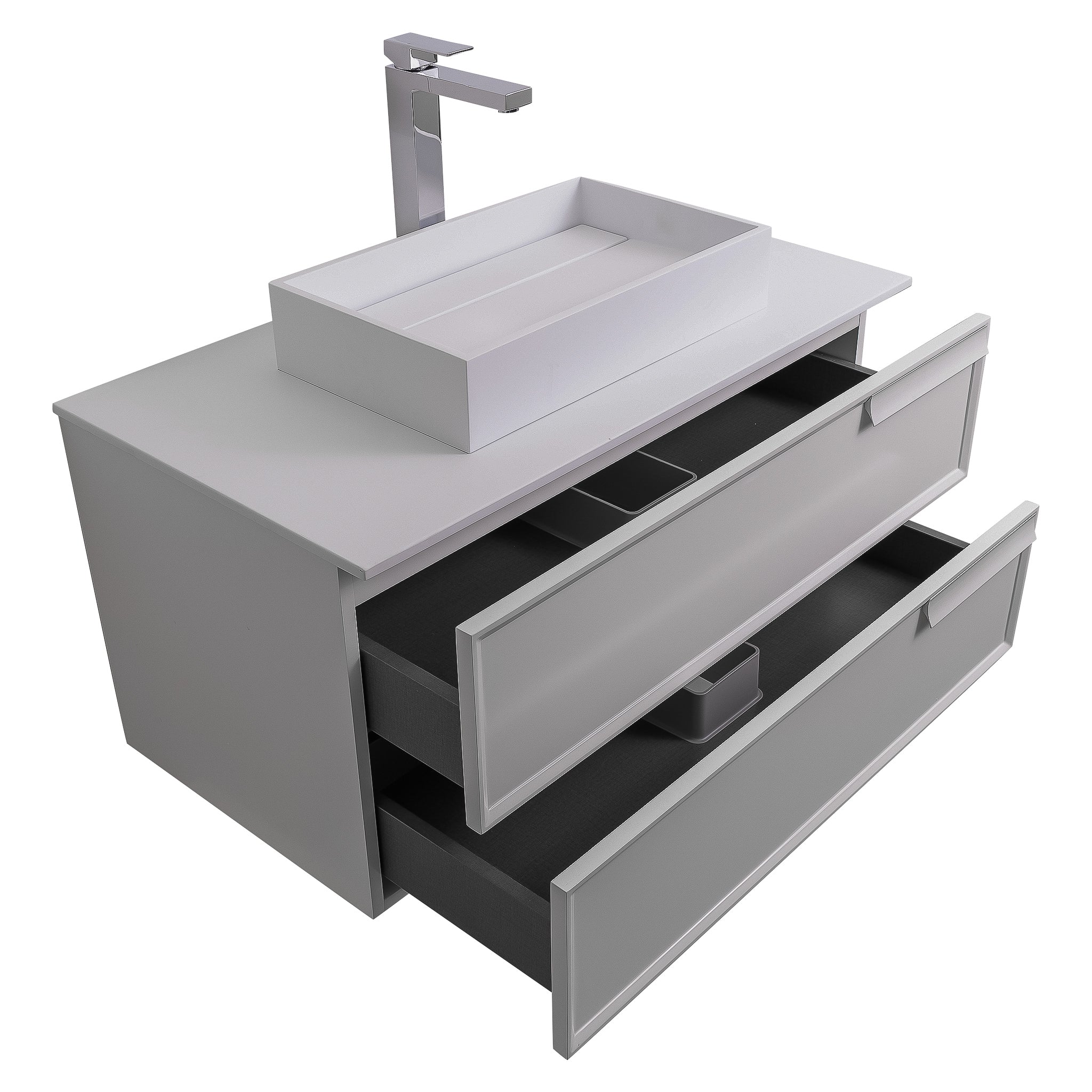 Garda 39.5 Matte White Cabinet, Solid Surface Flat White Counter and Infinity Square Solid Surface White Basin 1329, Wall Mounted Modern Vanity Set