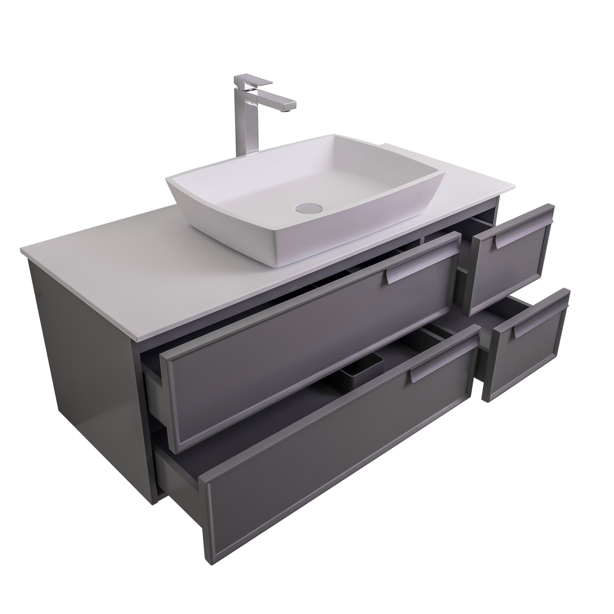 Garda 47.5 Matte Grey Cabinet, Solid Surface Flat White Counter and Square Solid Surface White Basin 1316, Wall Mounted Modern Vanity Set