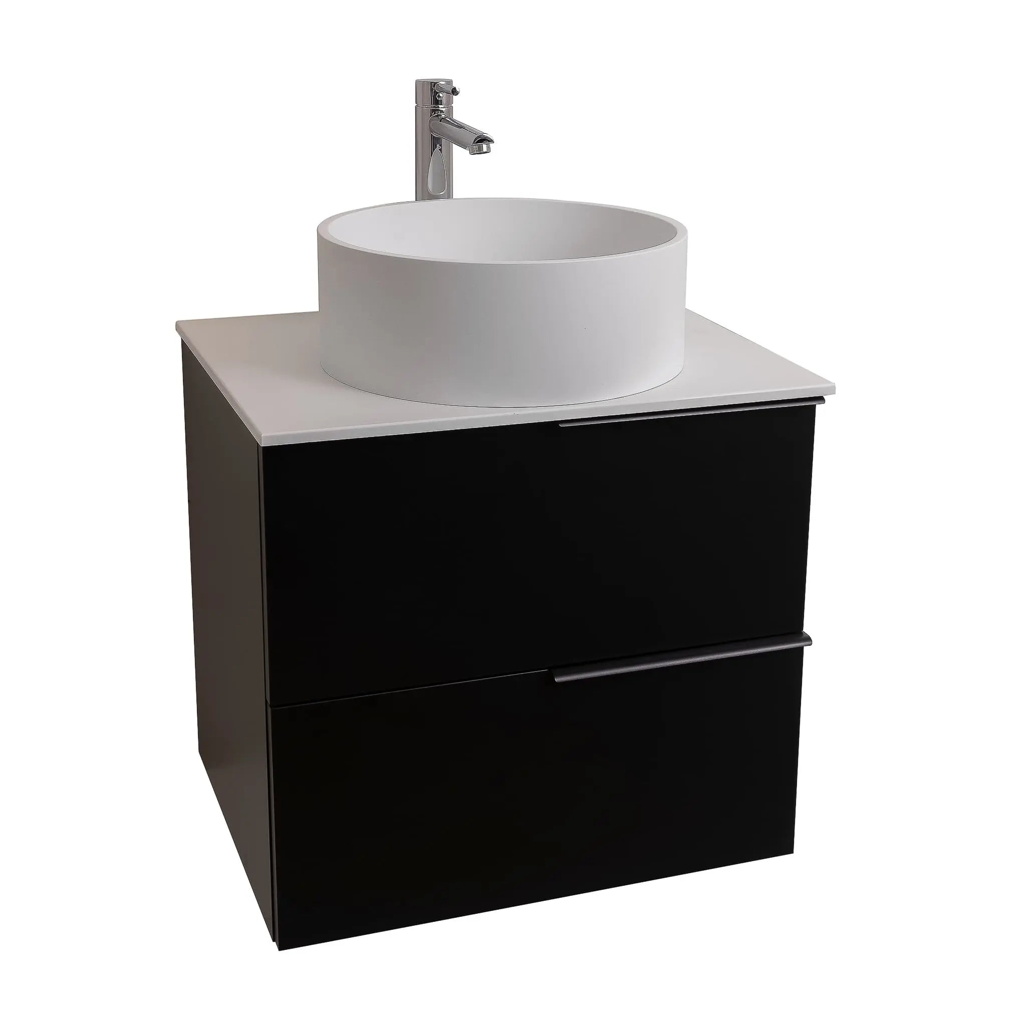 Mallorca 23.5 Matte Black Cabinet, Solid Surface Flat White Counter And Round Solid Surface White Basin 1386, Wall Mounted Modern Vanity Set