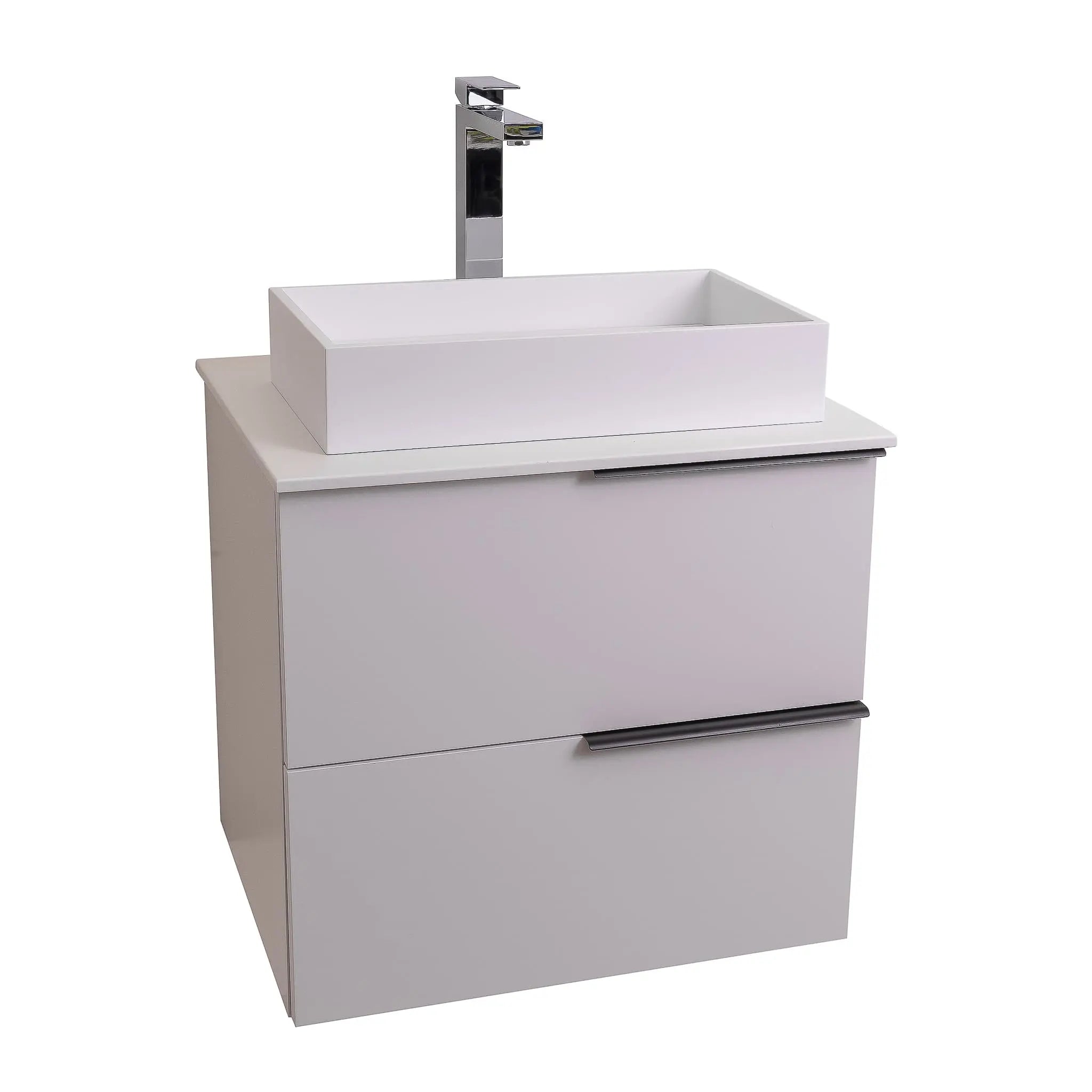 Mallorca 23.5 Matte White Cabinet, Solid Surface Flat White Counter And Infinity Square Solid Surface White Basin 1329, Wall Mounted Modern Vanity Set