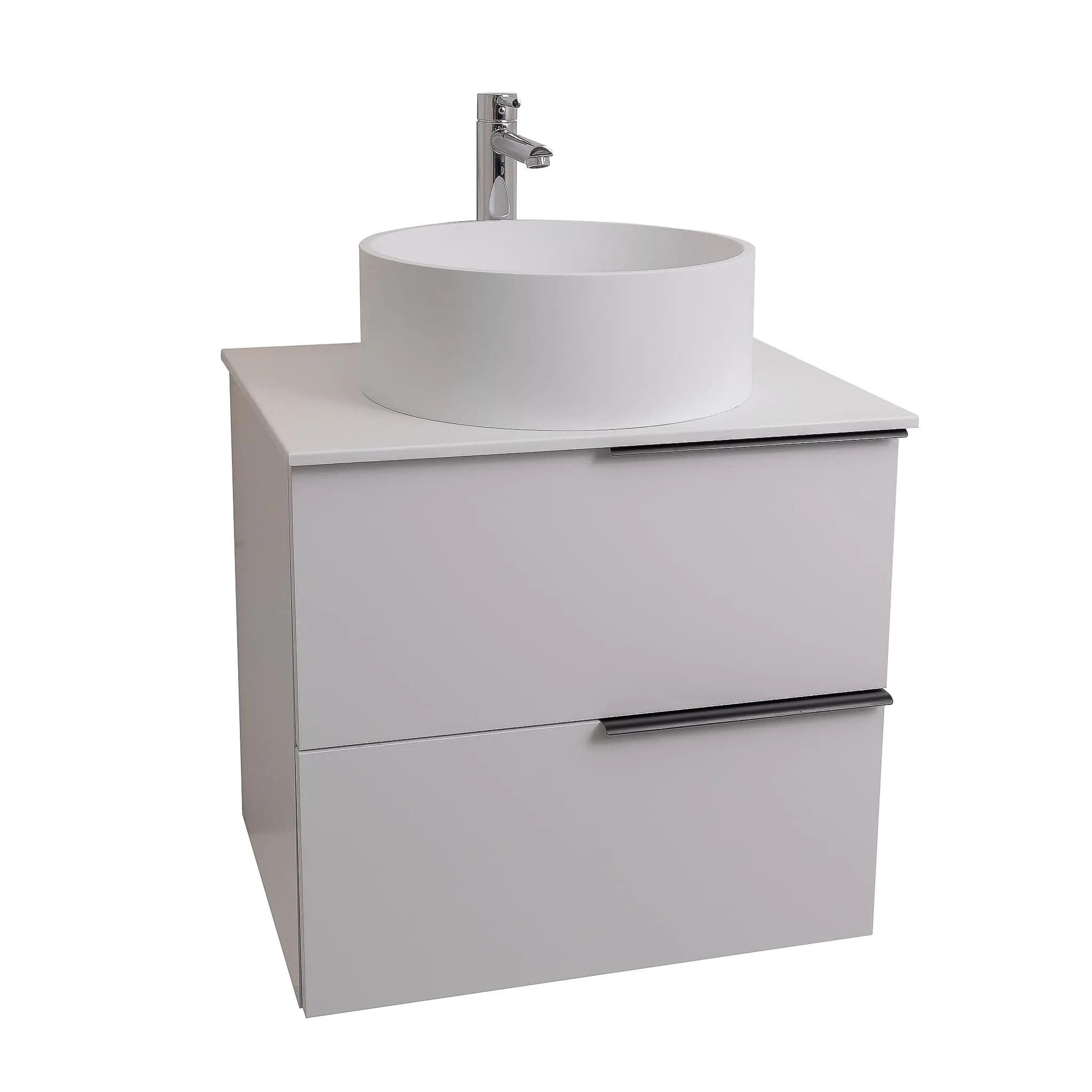 Mallorca 23.5 Matte White Cabinet, Solid Surface Flat White Counter And Round Solid Surface White Basin 1386, Wall Mounted Modern Vanity Set