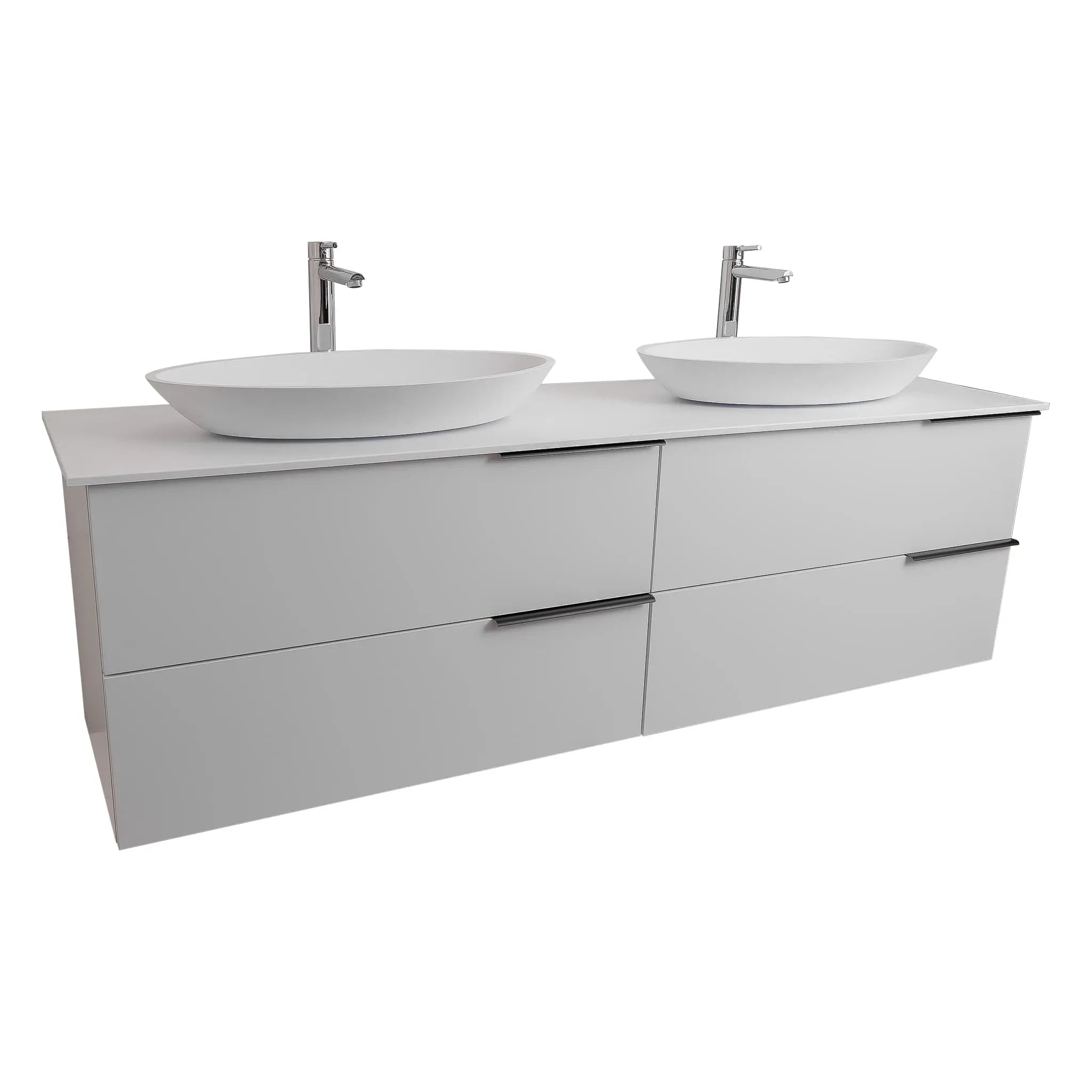 Mallorca 63 Matte White Cabinet, Solid Surface Flat White Counter And Two Oval Solid Surface White Basin 1305, Wall Mounted Modern Vanity Set
