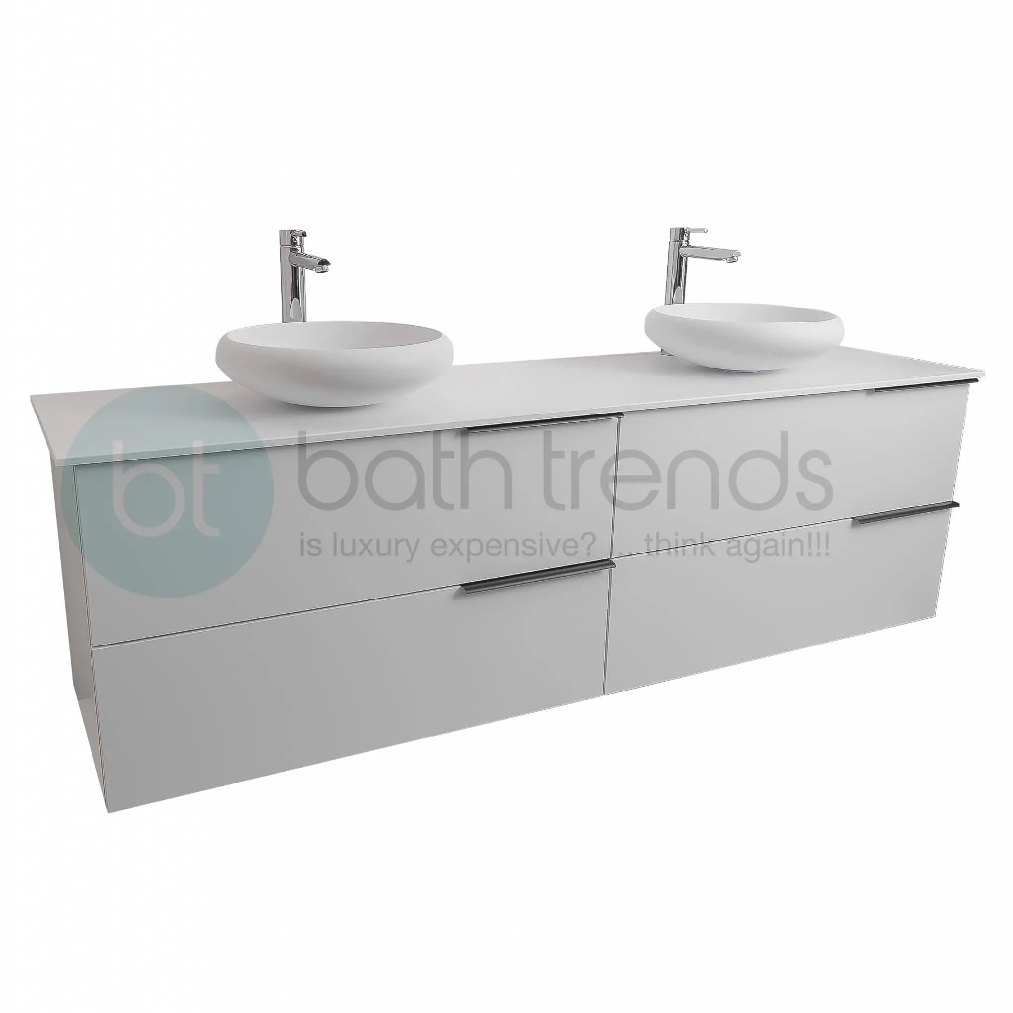 Mallorca 72 Matte White Cabinet, Solid Surface Flat White Counter And Two Round Solid Surface White Basin 1153, Wall Mounted Modern Vanity Set
