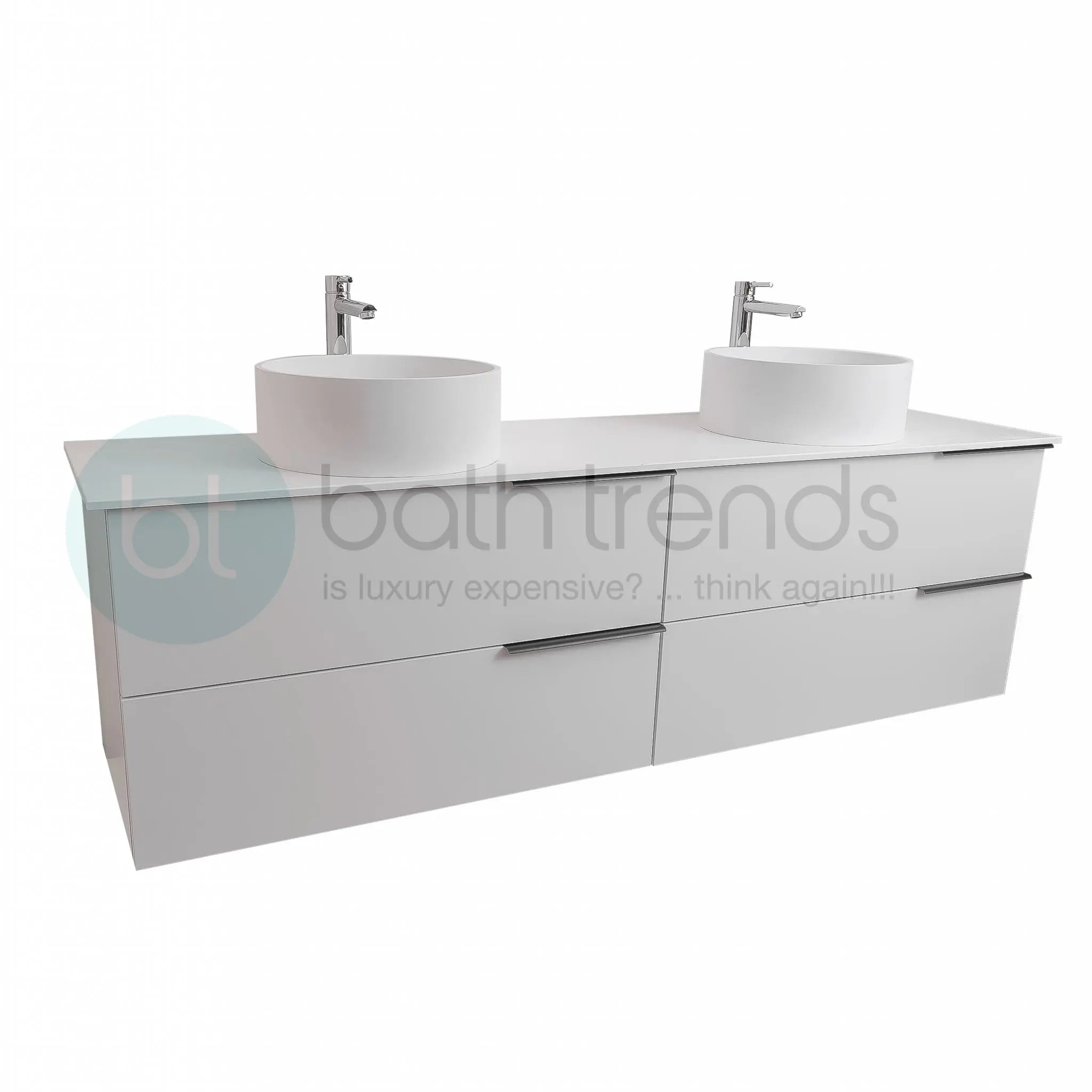 Mallorca 72 Matte White Cabinet, Solid Surface Flat White Counter And Two Round Solid Surface White Basin 1386, Wall Mounted Modern Vanity Set