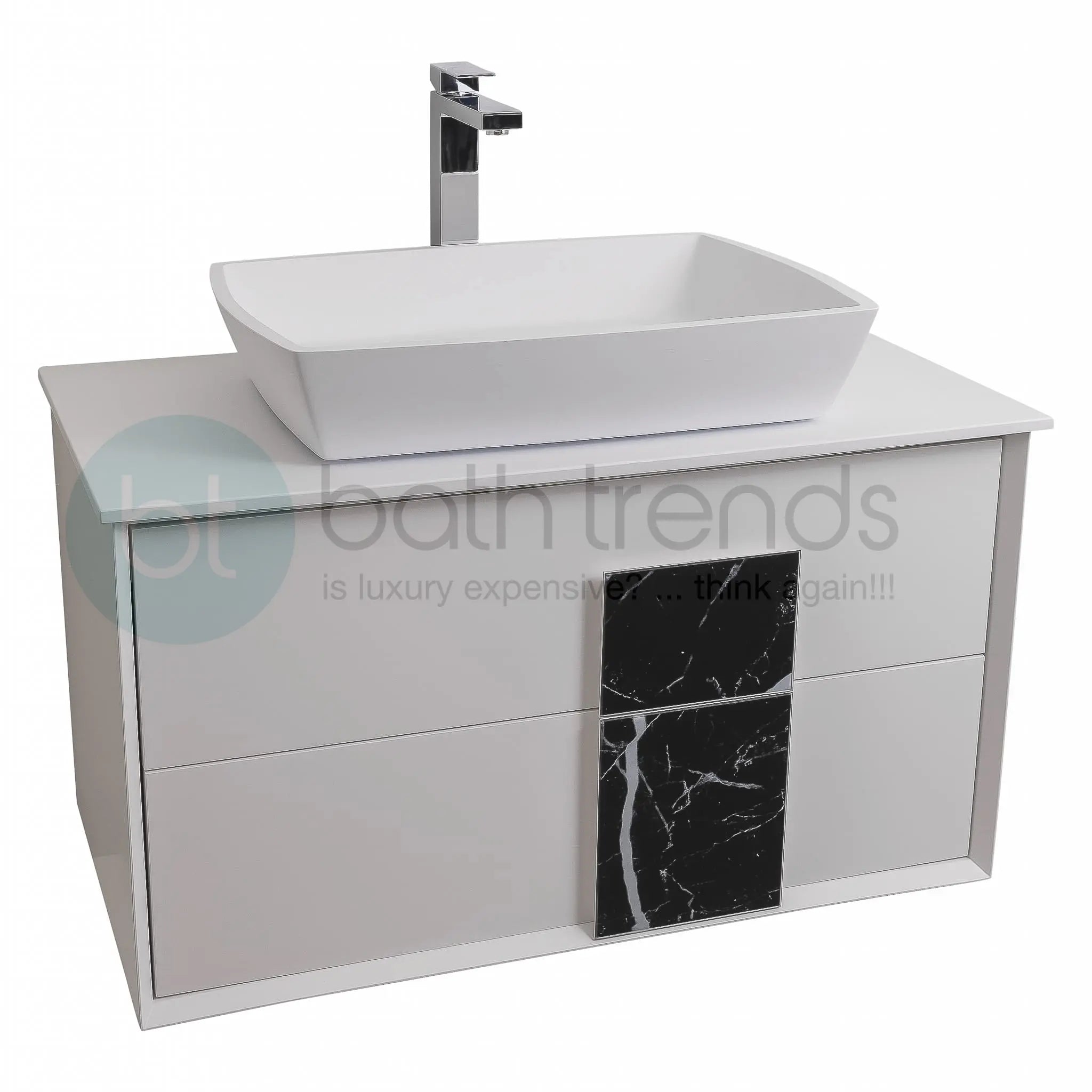 Piazza 31.5 Matte White With Black Marble Handle Cabinet, Solid Surface Flat White Counter and Square Solid Surface White Basin 1316, Wall Mounted Modern Vanity Set