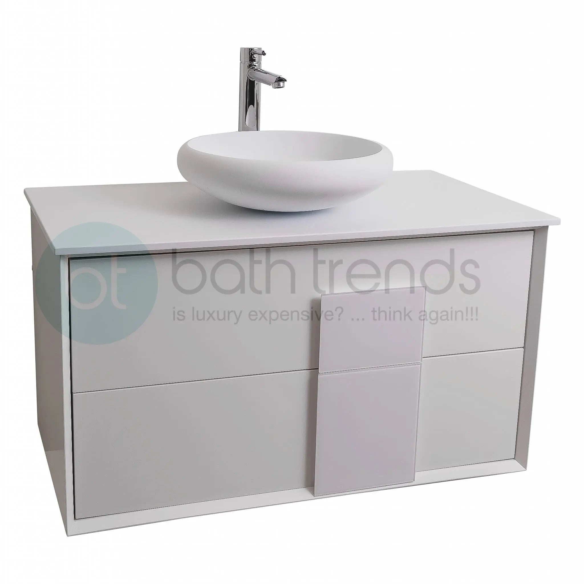 Piazza 31.5 Matte White With White Handle Cabinet, Solid Surface Flat White Counter and Round Solid Surface White Basin 1153, Wall Mounted Modern Vanity Set