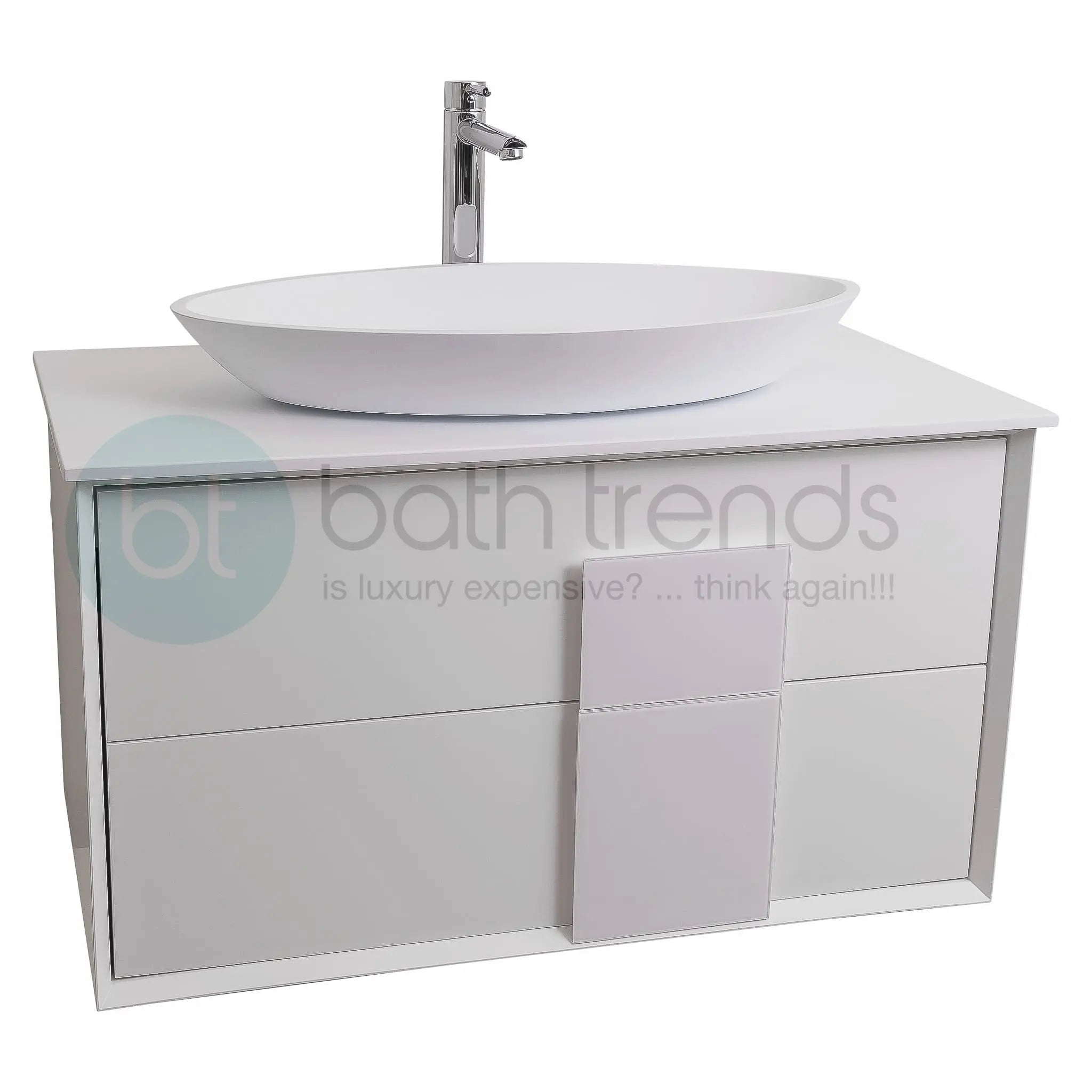 Piazza 31.5 Matte White With White Handle Cabinet, Solid Surface Flat White Counter and Oval Solid Surface White Basin 1305, Wall Mounted Modern Vanity Set