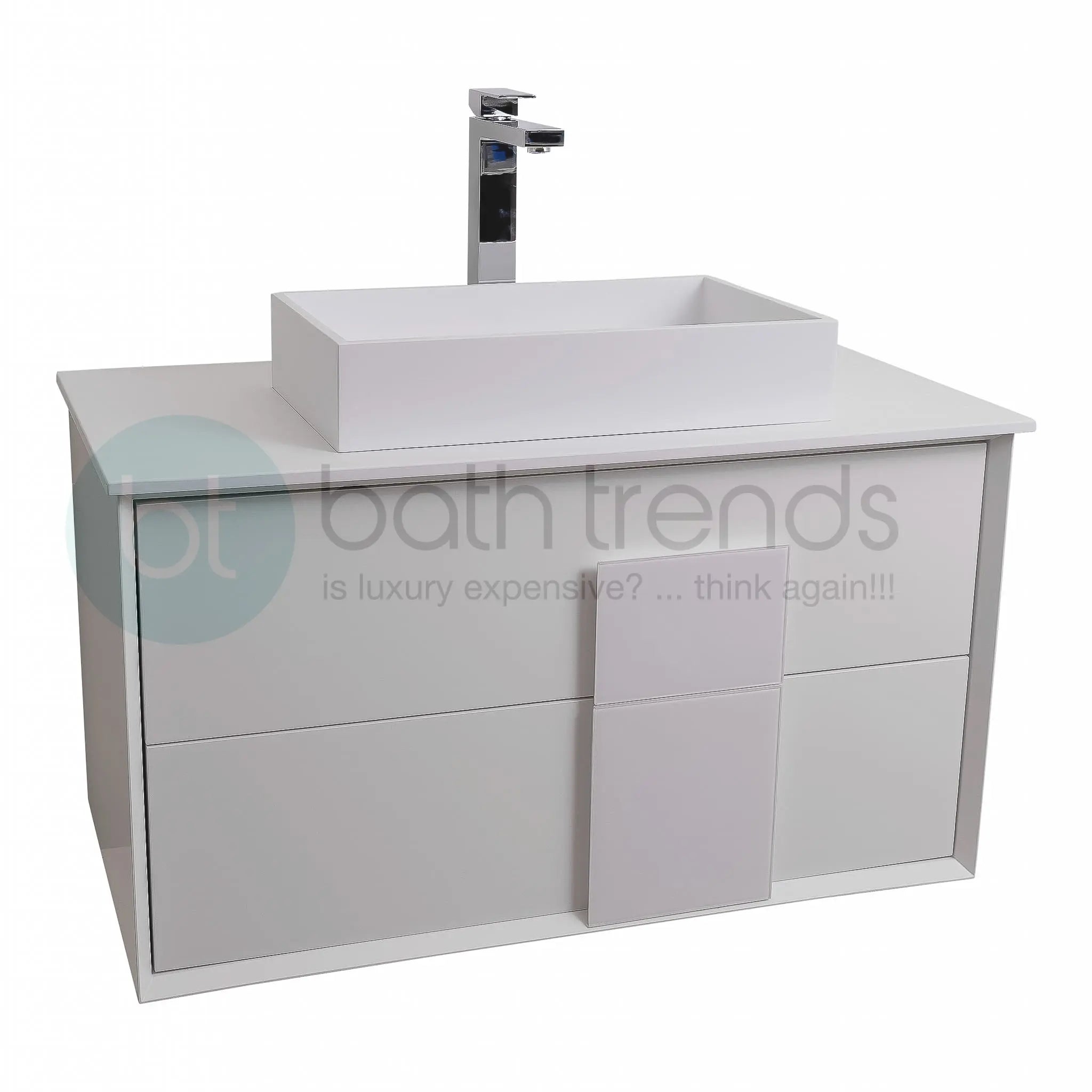 Piazza 31.5 Matte White With White Handle Cabinet, Solid Surface Flat White Counter and Infinity Square Solid Surface White Basin 1329, Wall Mounted Modern Vanity Set