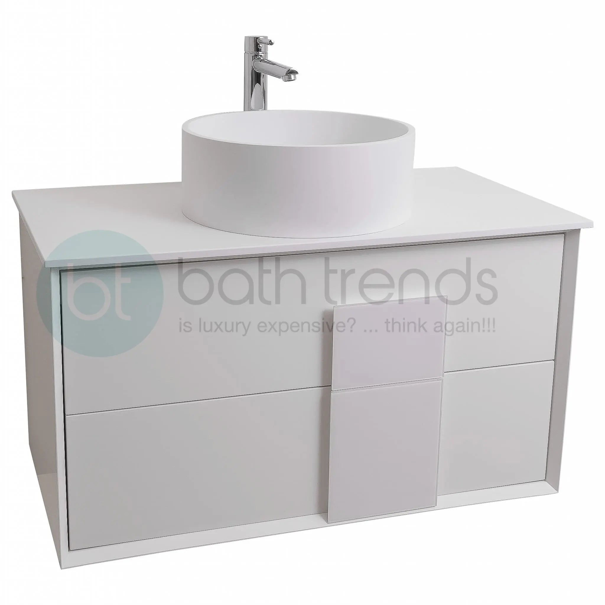 Piazza 31.5 Matte White With White Handle Cabinet, Solid Surface Flat White Counter and Round Solid Surface White Basin 1386, Wall Mounted Modern Vanity Set