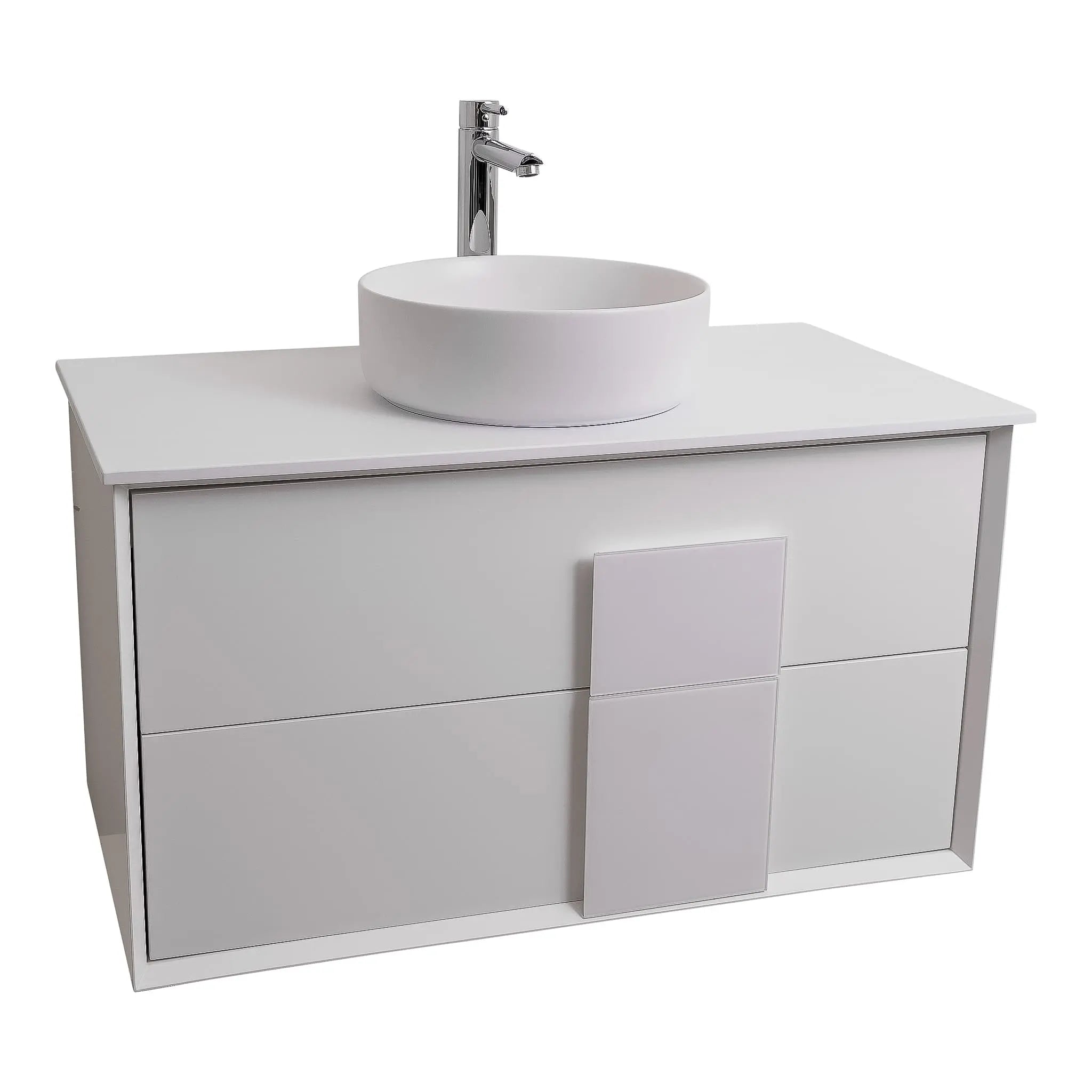 Piazza 31.5 Matte White With White Handle Cabinet, Ares White Top and Ares White Ceramic Basin, Wall Mounted Modern Vanity Set