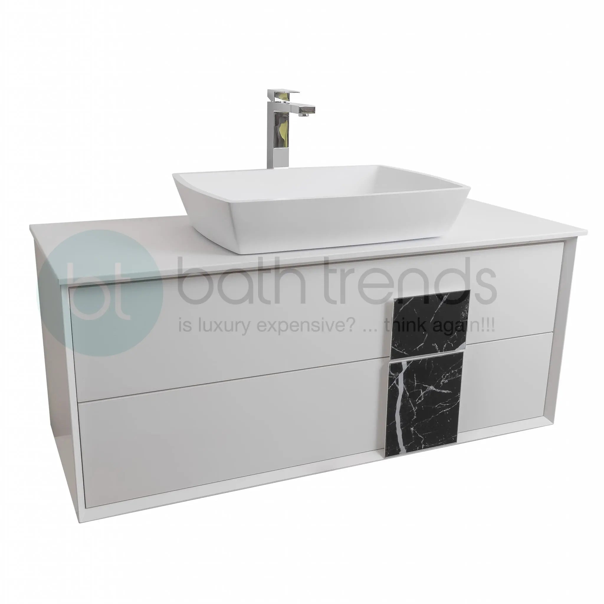 Piazza 47.5 Matte White With Black Marble Handle Cabinet, Solid Surface Flat White Counter and Square Solid Surface White Basin 1316, Wall Mounted Modern Vanity Set