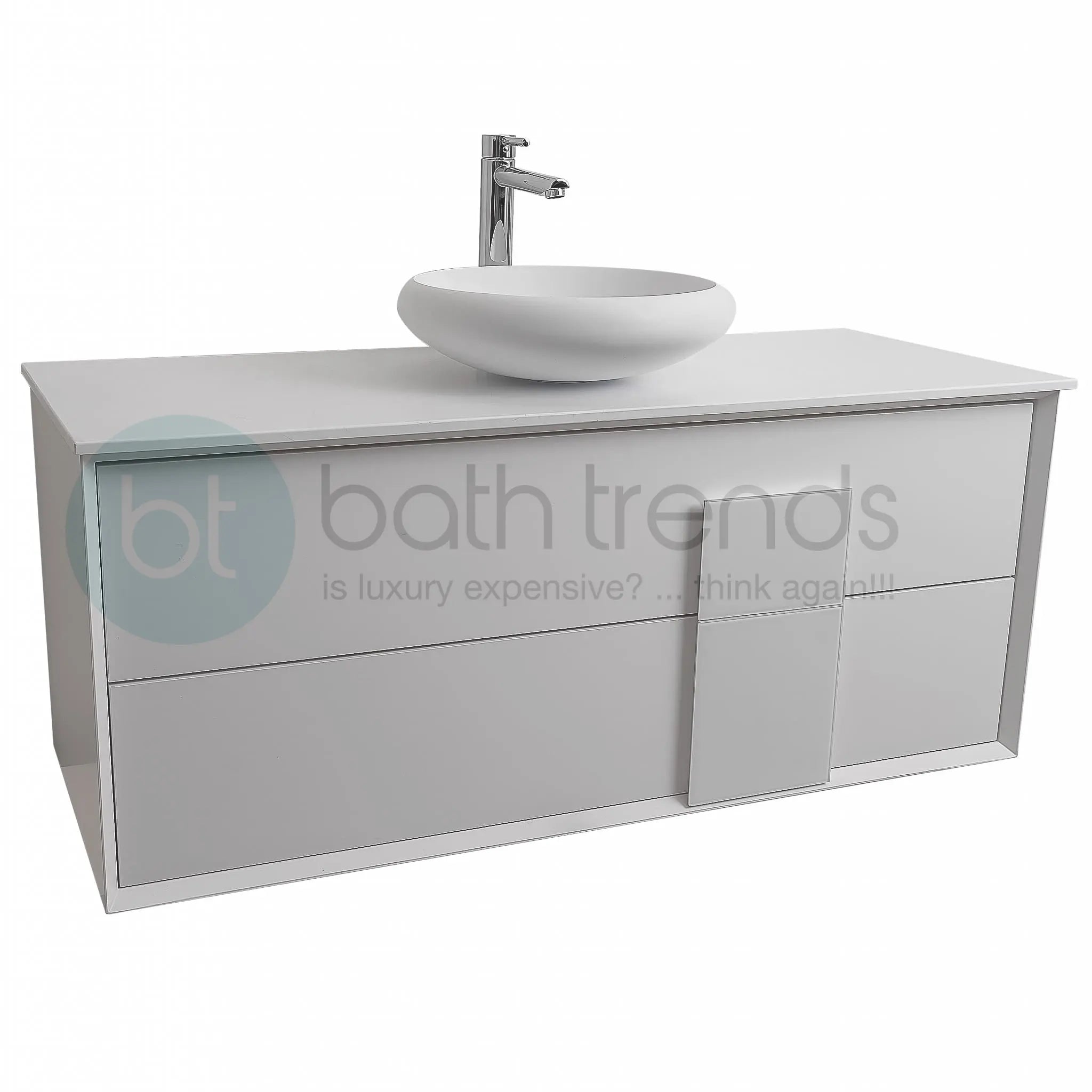 Piazza 47.5 Matte White With White Handle Cabinet, Solid Surface Flat White Counter and Round Solid Surface White Basin 1153, Wall Mounted Modern Vanity Set