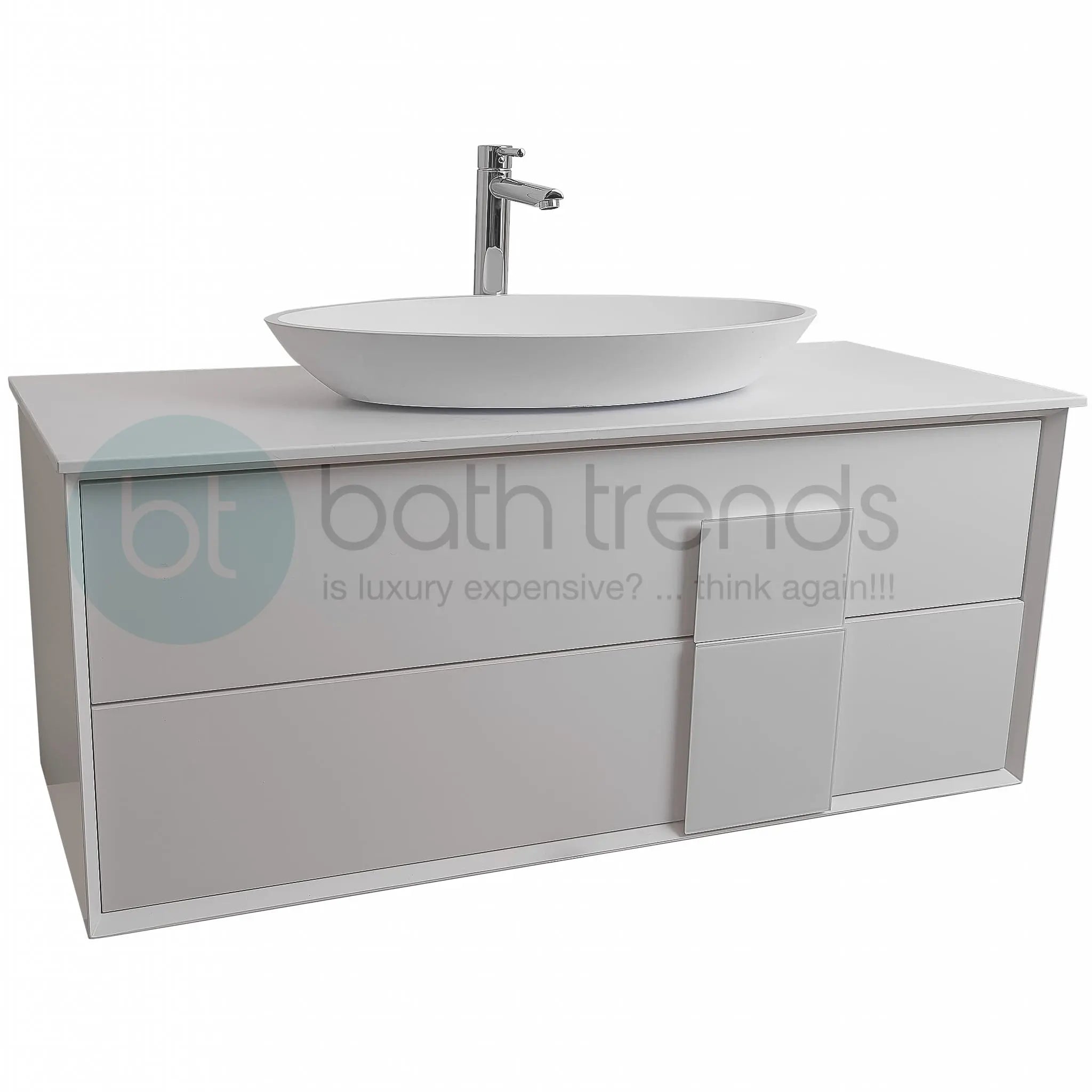 Piazza 47.5 Matte White With White Handle Cabinet, Solid Surface Flat White Counter and Oval Solid Surface White Basin 1305, Wall Mounted Modern Vanity Set